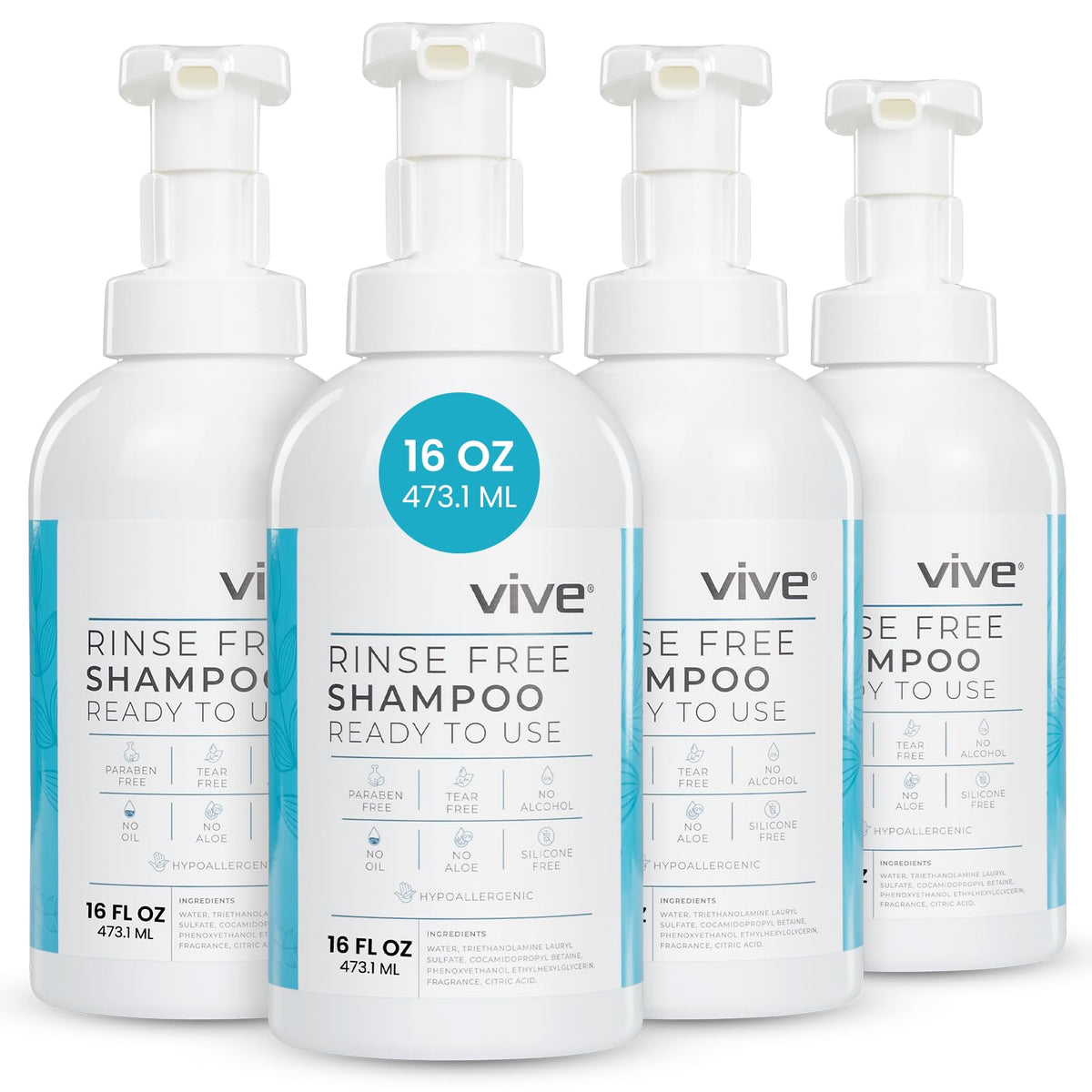 Vive Rinse Free Shampoo - 16 Oz Waterless Foam Wash For Elderly & Bedridden - 4 Pack