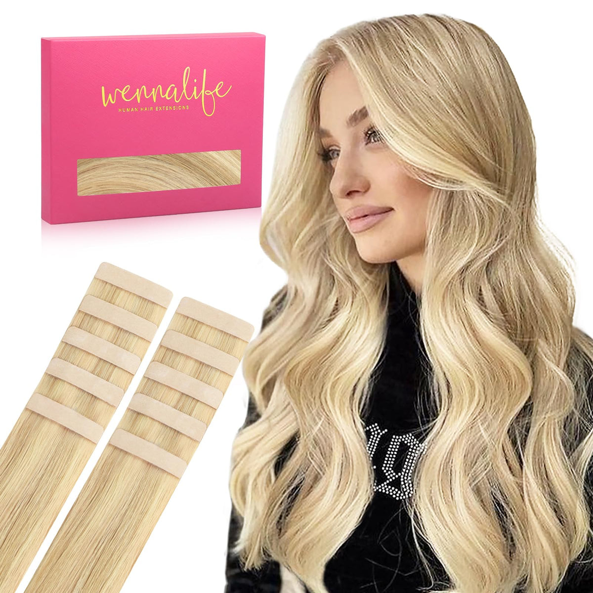 WENNALIFE 22&quot; Tape in Hair Extensions, Light Blonde Highlighted, 10pcs Remy Human Hair