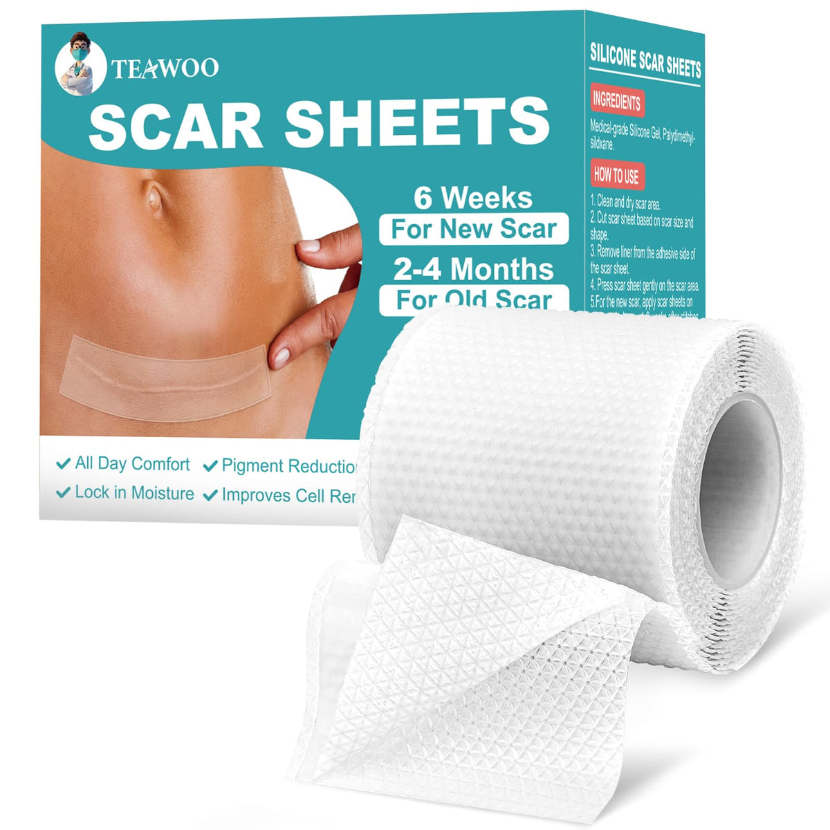 Teawoo Silicone Scar Sheets - Extra Thick Clear Tape For Scars, Keloids & Wrinkles (1.6&quot; X 