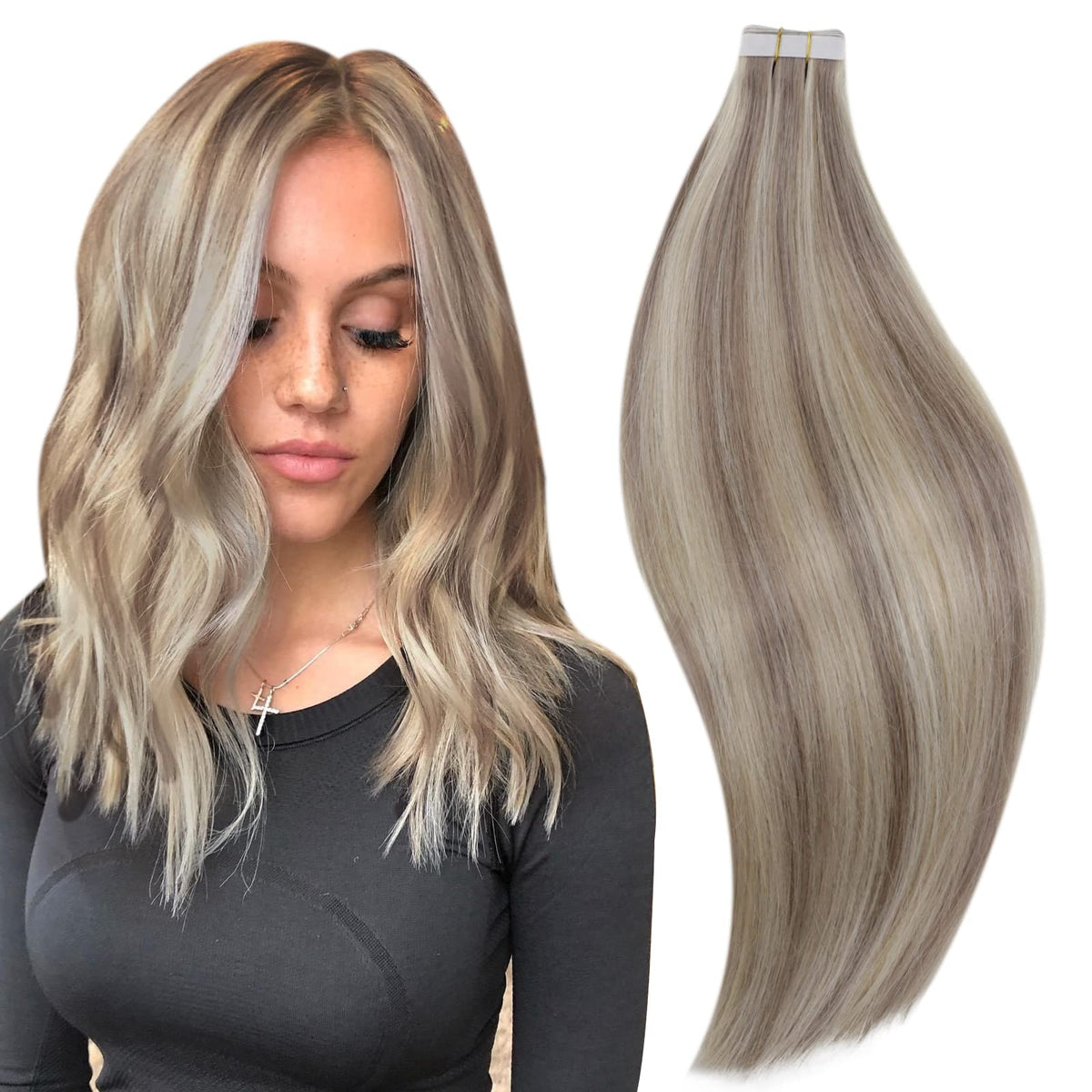 Runature 18 Inch Tape In Human Hair Extensions - Grey Blonde Remy Hair, 20Pcs, 50G