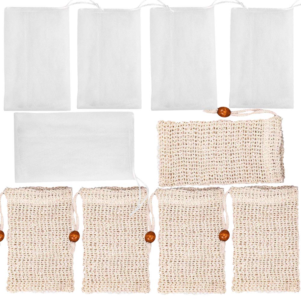 Qtopun 10 Pack Soap Bags - 5 Mesh Pouches & 5 Natural Soap Savers For Exfoliating Shower Use