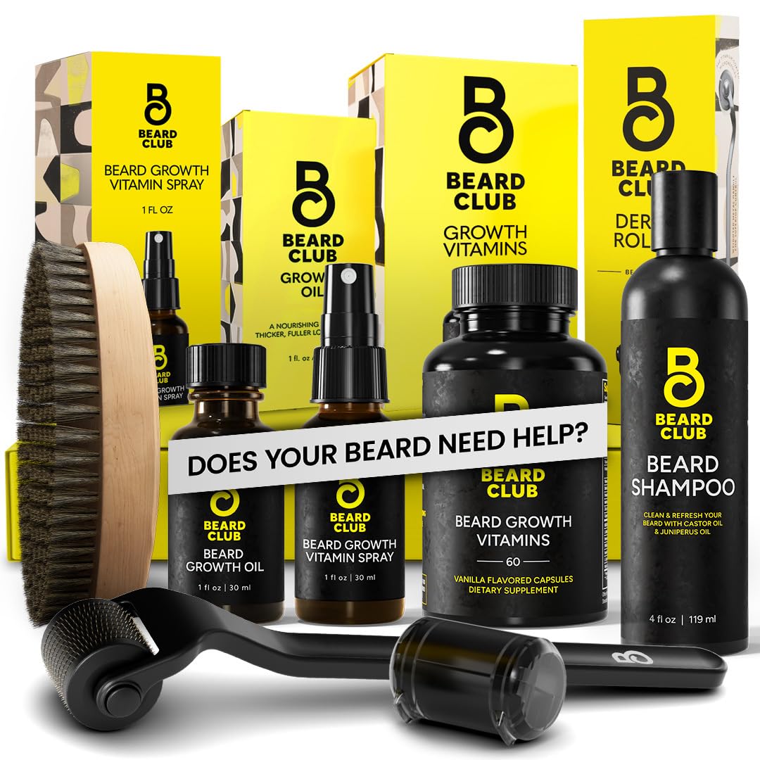 The Beard Club Advanced Beard Growth Kit - Derma Roller, Oils, Vitamins, Shampoo & Brush