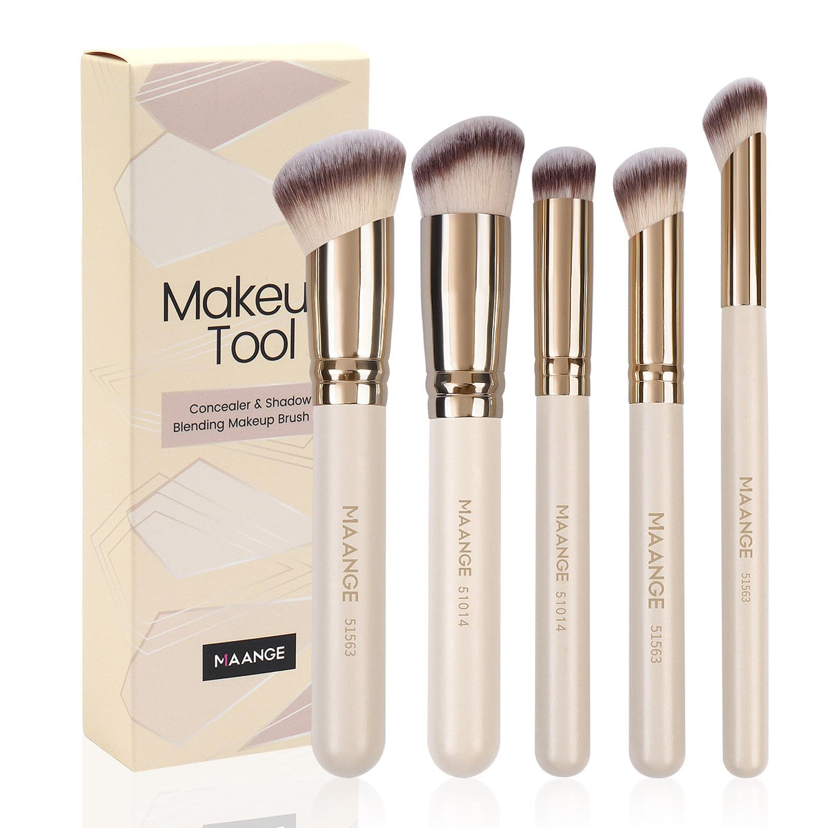 Maange 5 Pcs Premium Synthetic Makeup Brush Set - Foundation, Contour, Blusher, Concealer, Beige