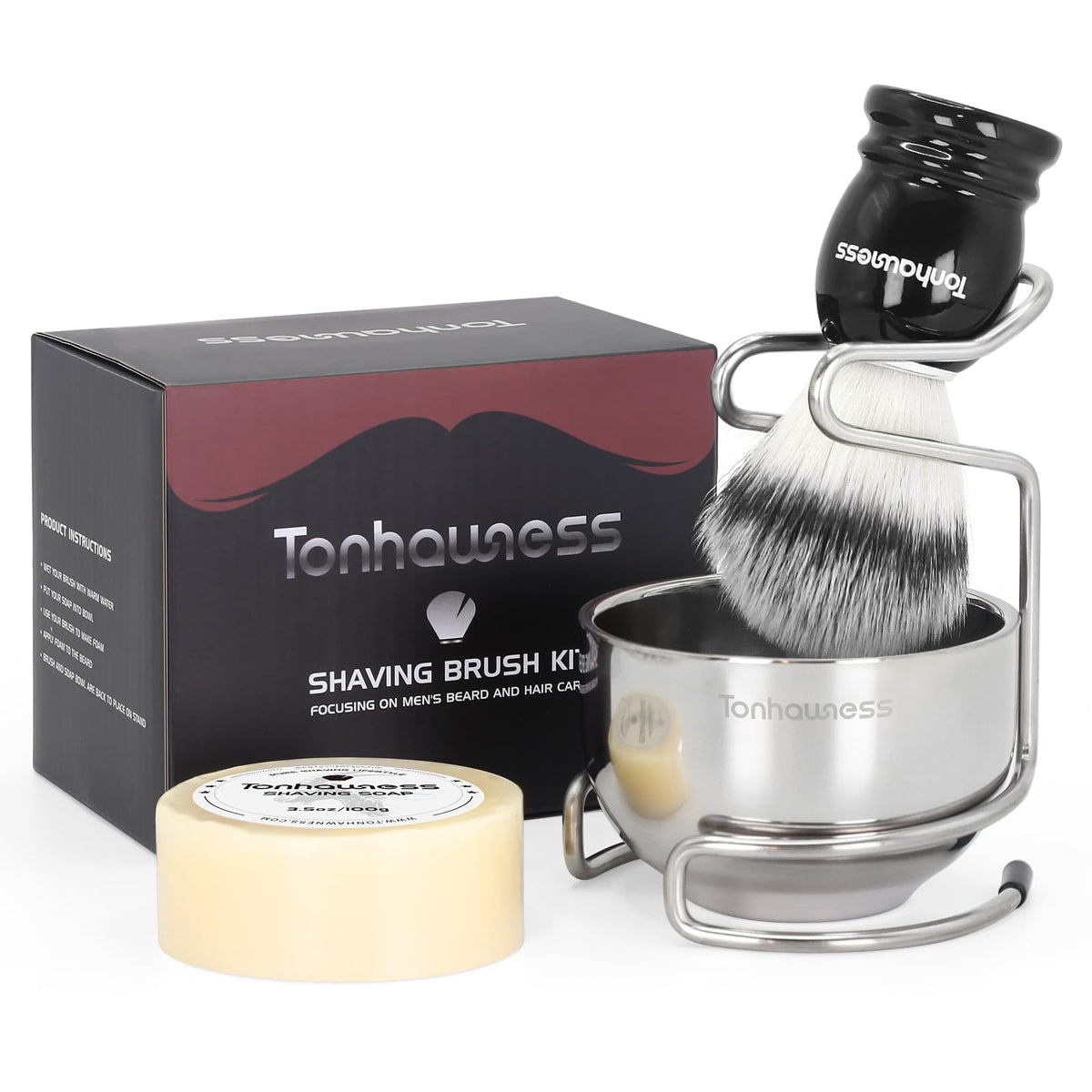 Tonhawness 4-In-1 Shaving Brush Kit For Men - Nylon Bristle, Bowl, Stand & Soap Set