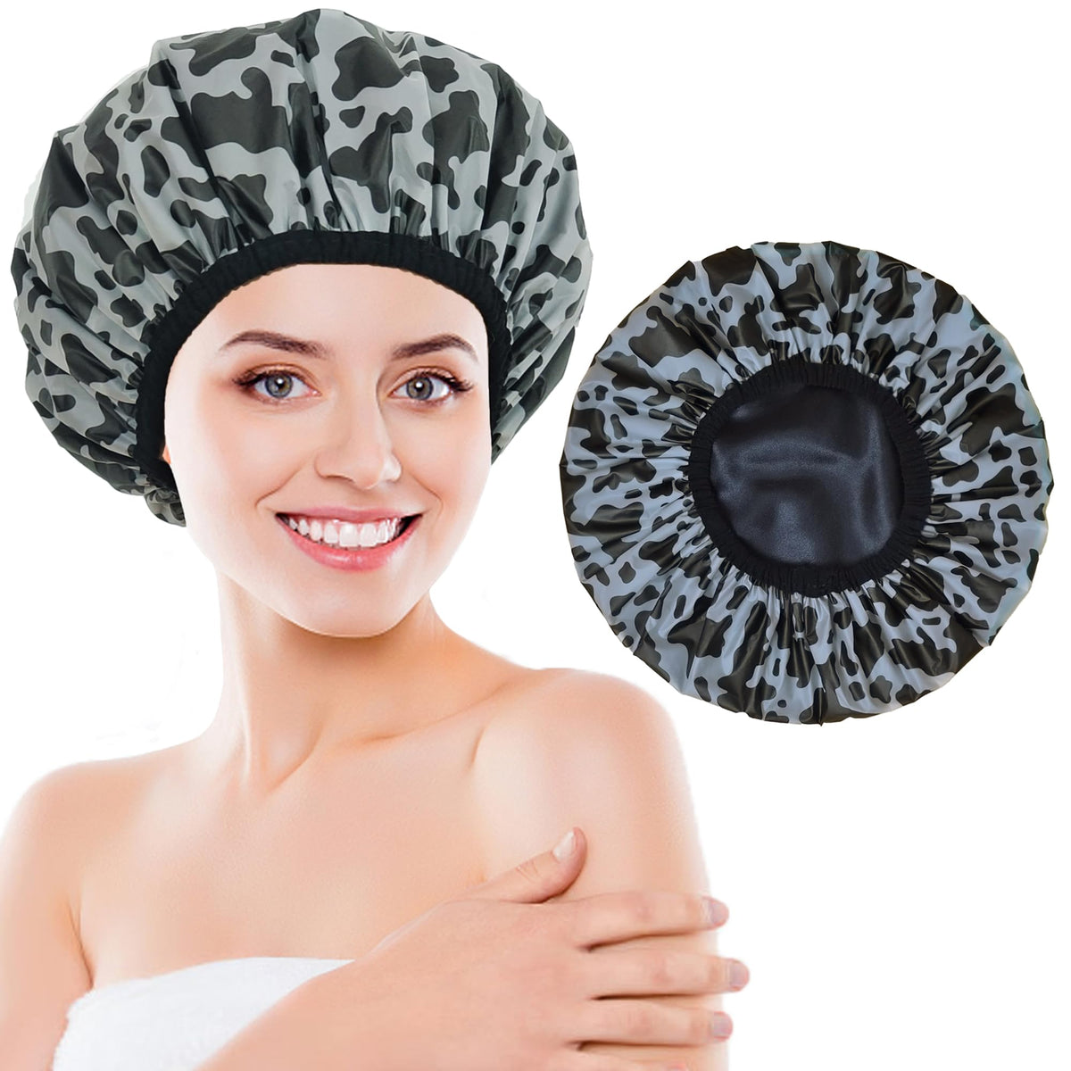 Choshion Large Waterproof Shower Cap For Women, Satin Lined, Cow Stripes, Reusable For Long Hair