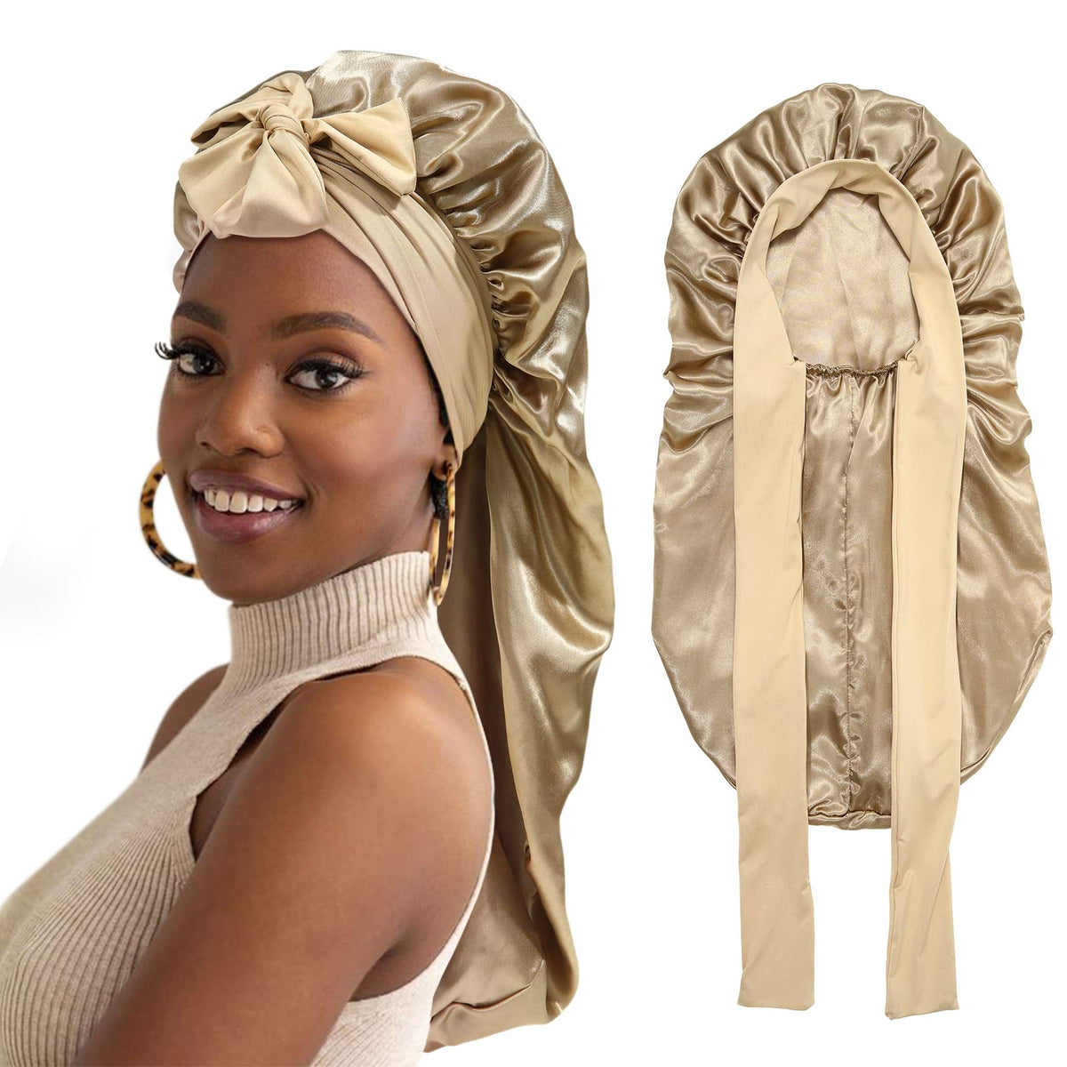 Awaytr Double Layer Satin Bonnet For Women - Champagne Hair Sleeping Cap With Tie Band