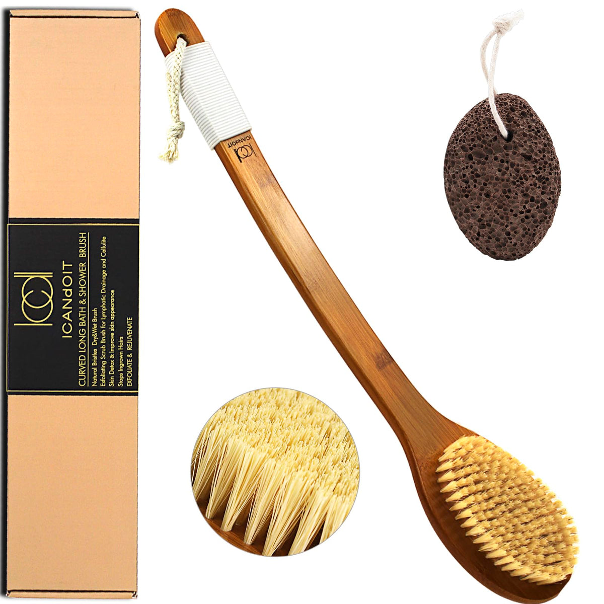 Icandoit 17.71&quot; Natural Stiff Sisal Bath Brush With Bamboo Handle & Pumice Stone - Exfol