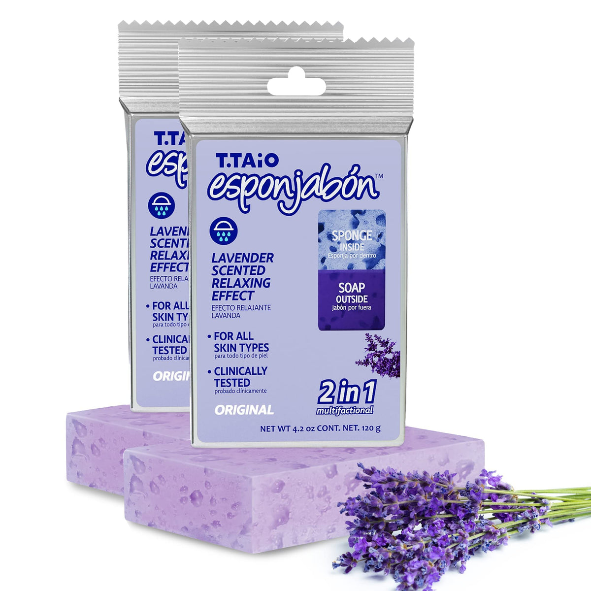 T.Taio Lavender Scent Esponjabon Soap Sponge - Cleansing Shower Scrubber (2-Pack)