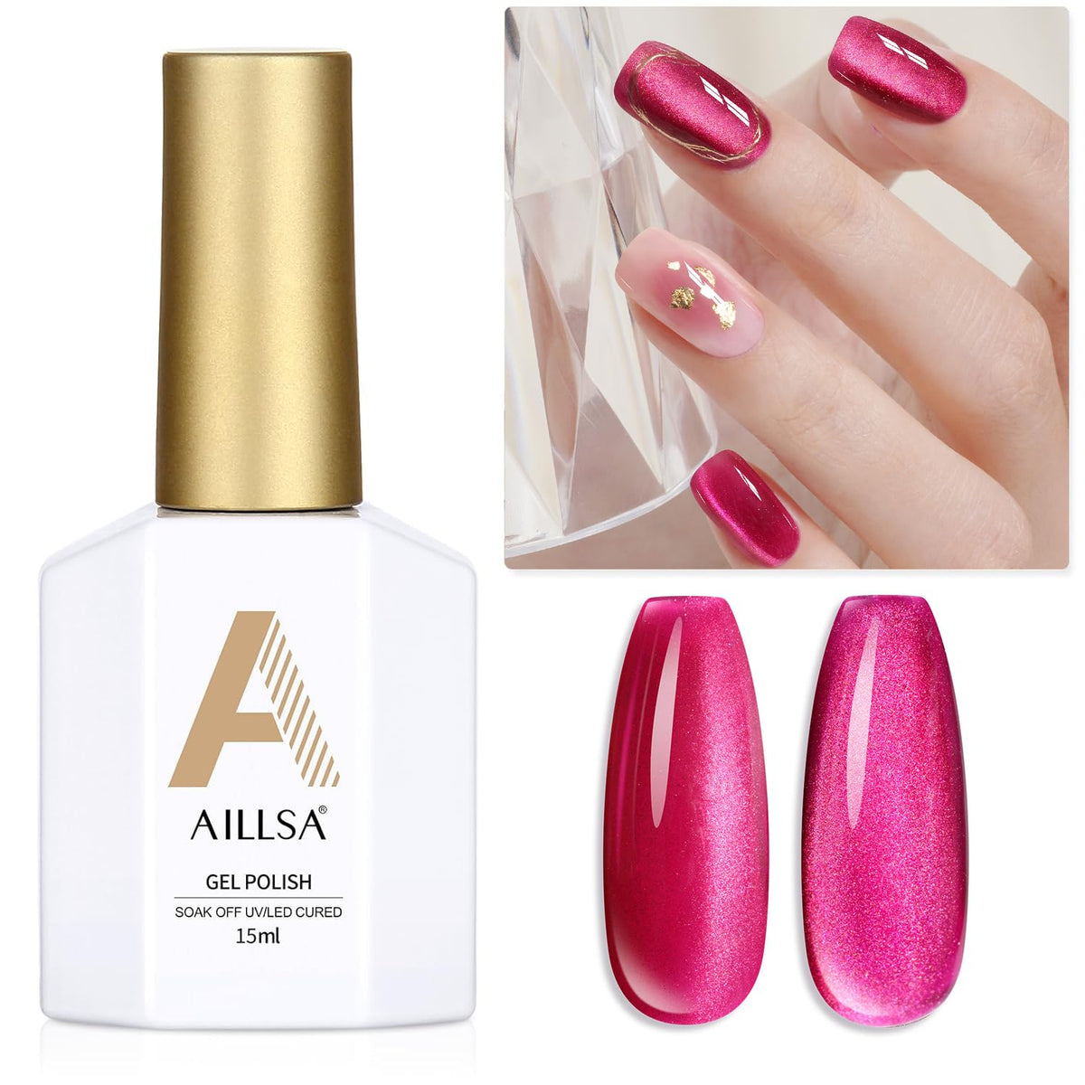 Aillsa Hot Pink Cat Eye Gel Nail Polish 0.5 Oz - Crystal Glitter & Purple Shimmer Uv Gel