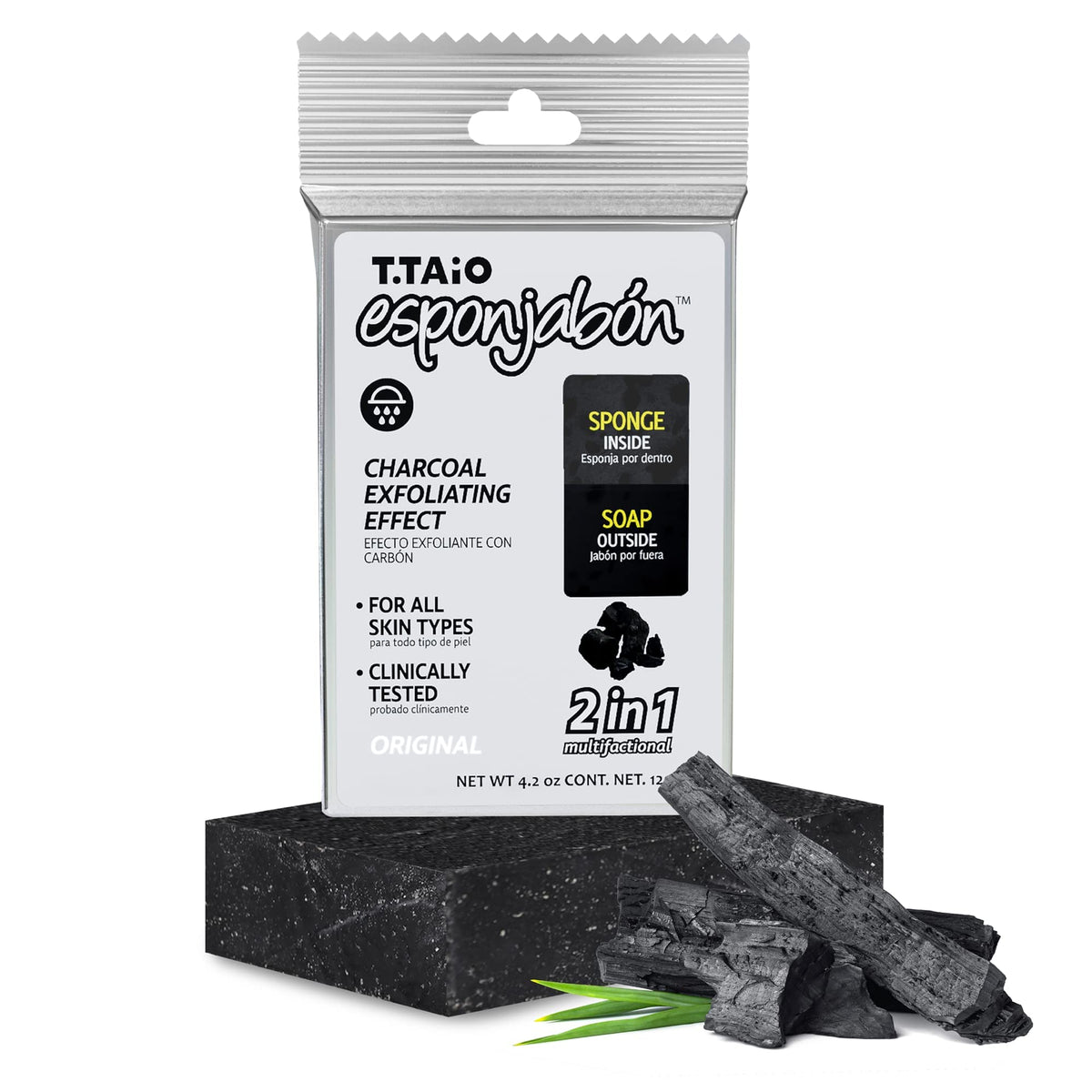 T.Taio Charcoal Esponjabon Soap Sponge - Cleansing Scrubber For Bath, Face, Foot & Elbow