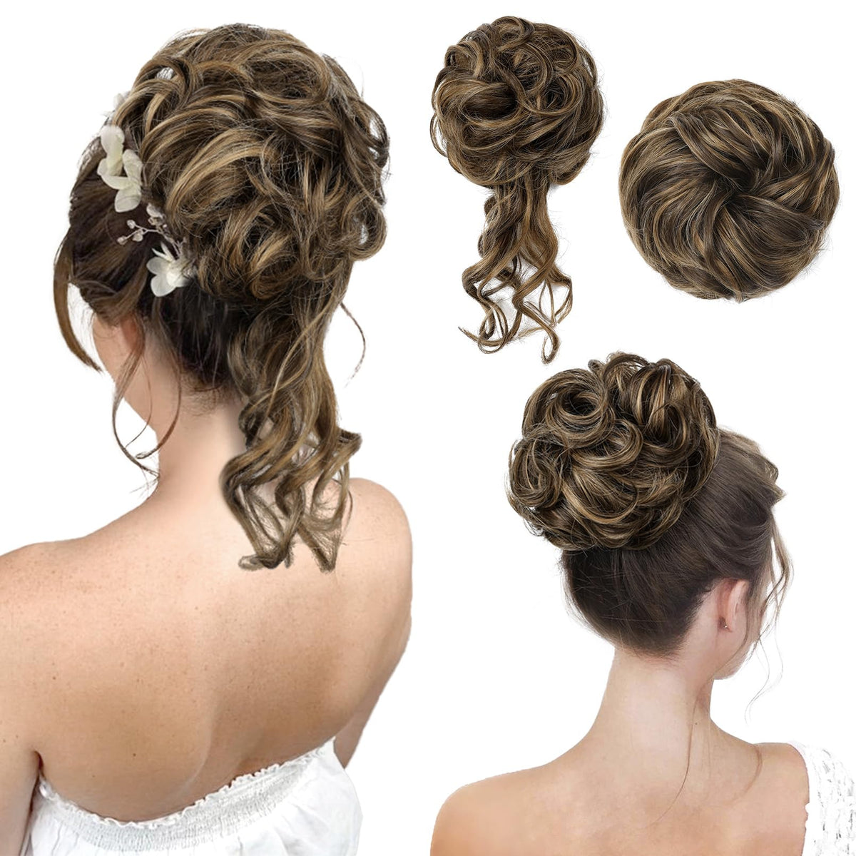 REECHO Messy Bun Hair Piece - Classic Tousled Updo Extensions, Chocolate Brown with Blonde Highlights