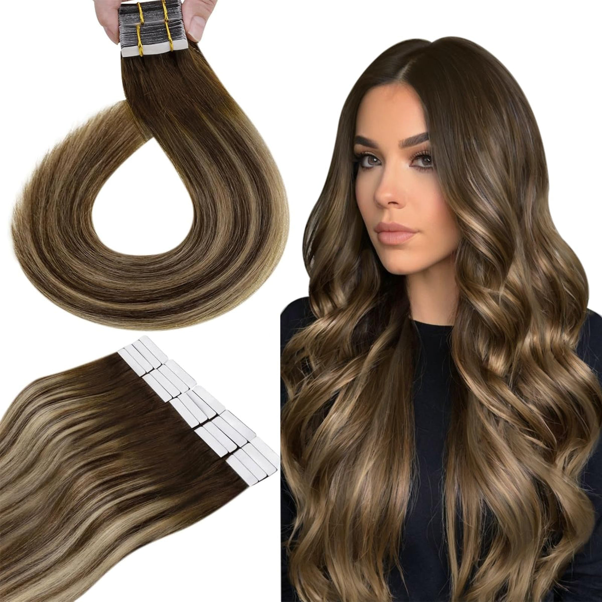 Hetto Tape In Hair Extensions #4/27/4 Dark Brown Ombre To Honey Blonde 16&quot; 50G 20Pcs