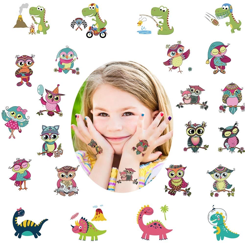 Fanoshon Cute Owl Dinosaur Tattoos For Kids - Waterproof Body Art Stickers For Parties