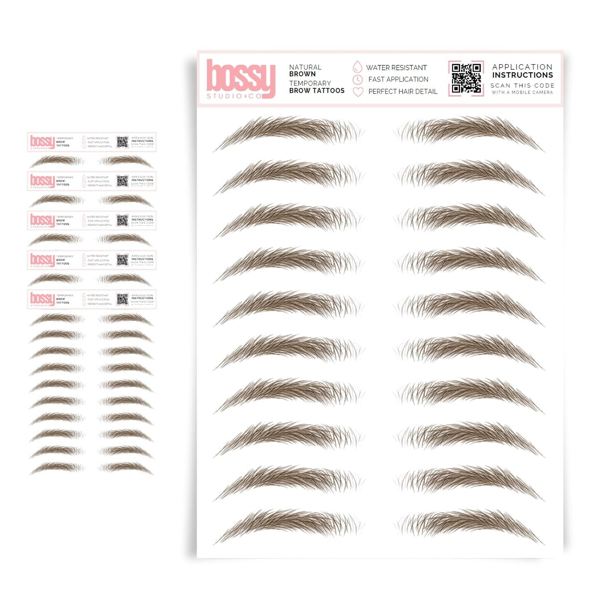 Brows By Bossy 5 Pack Waterproof Eyebrow Tattoos, Natural Brown Instant Transfer Stickers