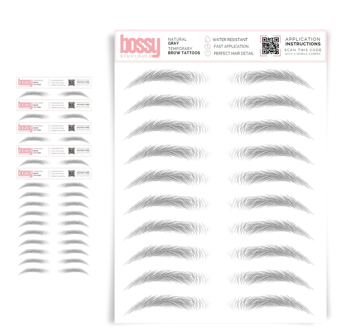 Brows By Bossy 5 Pack Waterproof Eyebrow Tattoos - Natural Gray Peel Off Stickers For Men & Women