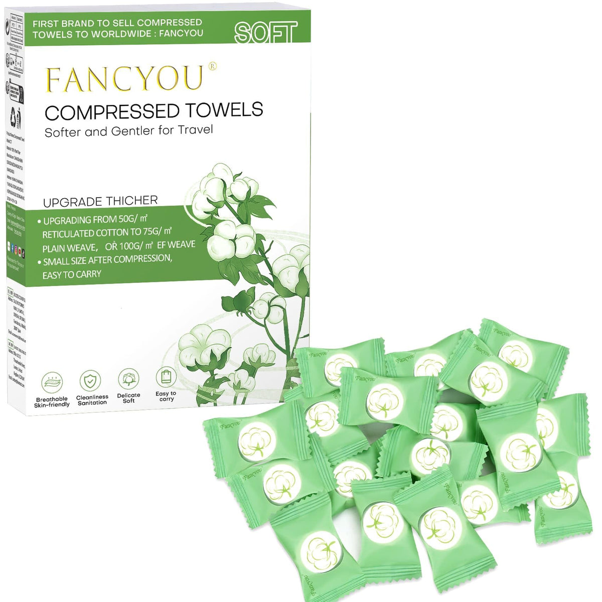 Fancyou Compressed Disposable Face Towels - 100 Pcs Green Cotton Cleansing Cloths For Travel