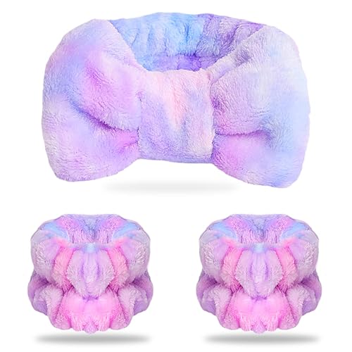 WSYUB Spa Headband Set - Gradient Purple Microfiber Makeup & Skincare Bow with Wrist Bands