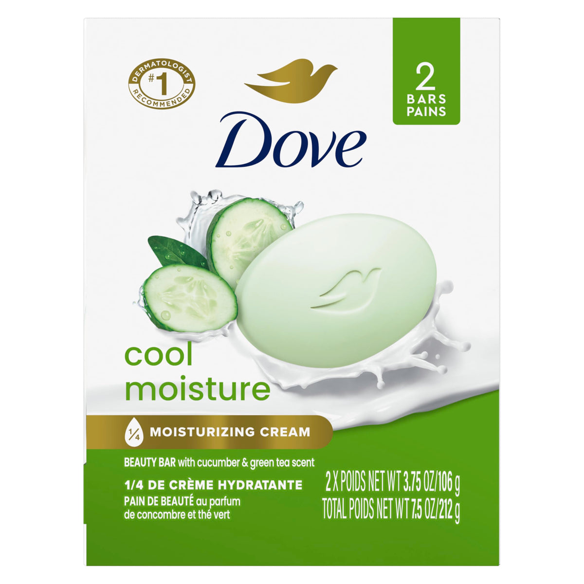 Dove Beauty Bar Soap, Cool Moisture With Cucumber & Green Tea, 2 Bars, 3.75 Oz