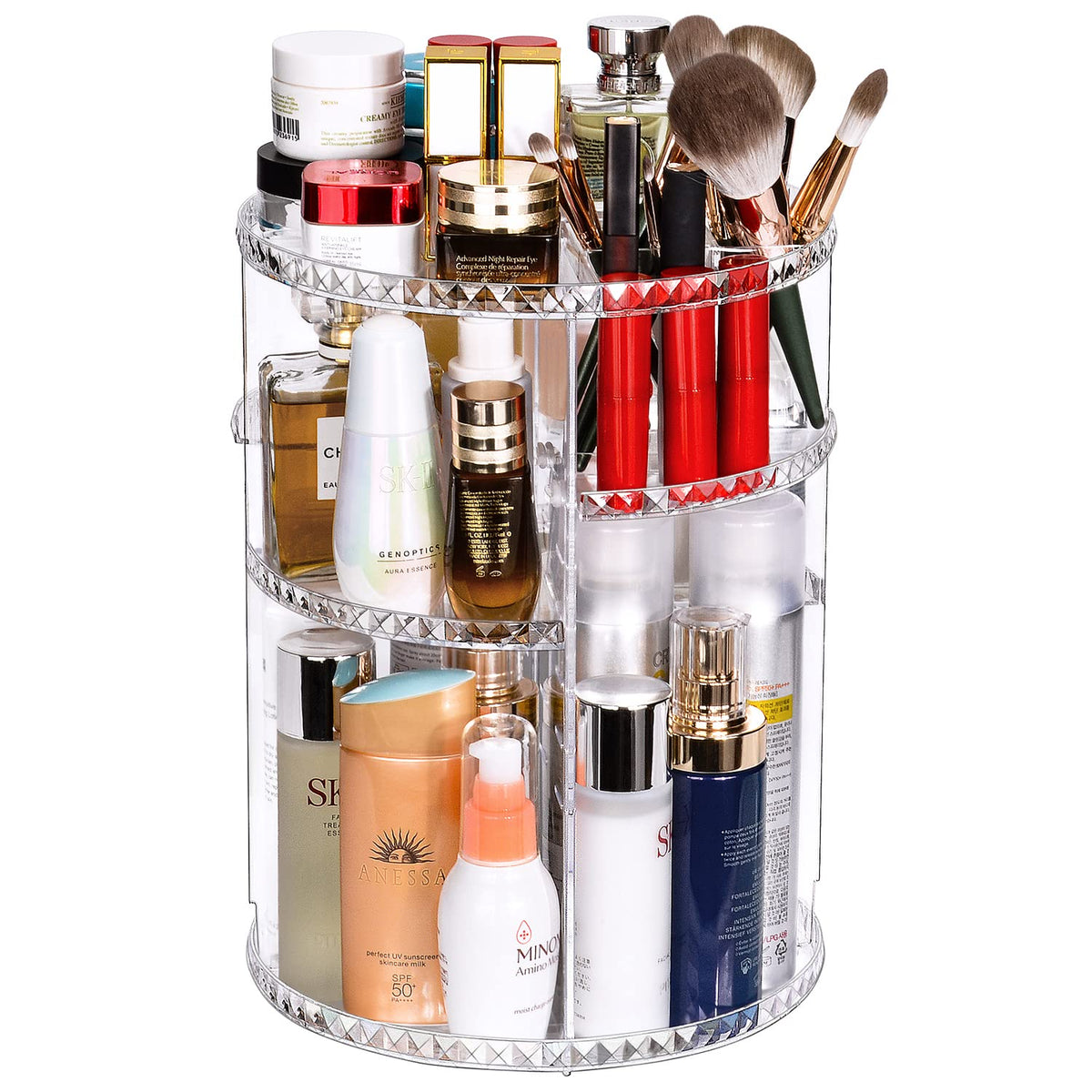 Jesslab 360° Rotating Makeup Organizer - Adjustable Cosmetic Storage Carousel, Rhombic Pattern