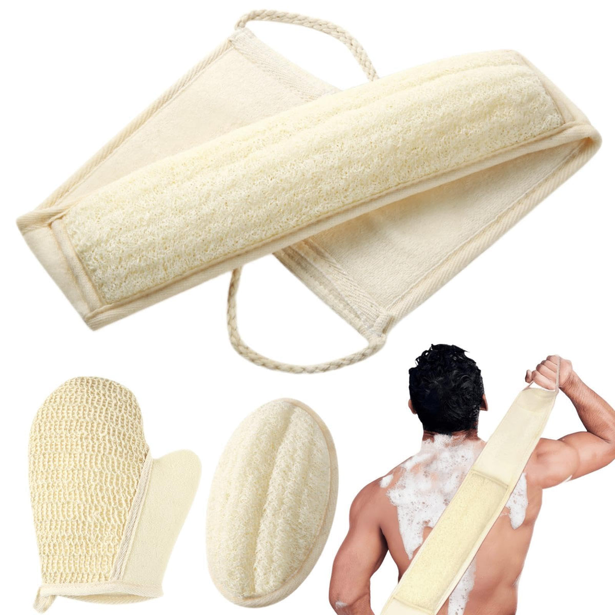 Betlys Natural Loofah Sponge Set - Exfoliating Body Scrubber For Men & Women - 3 Pack