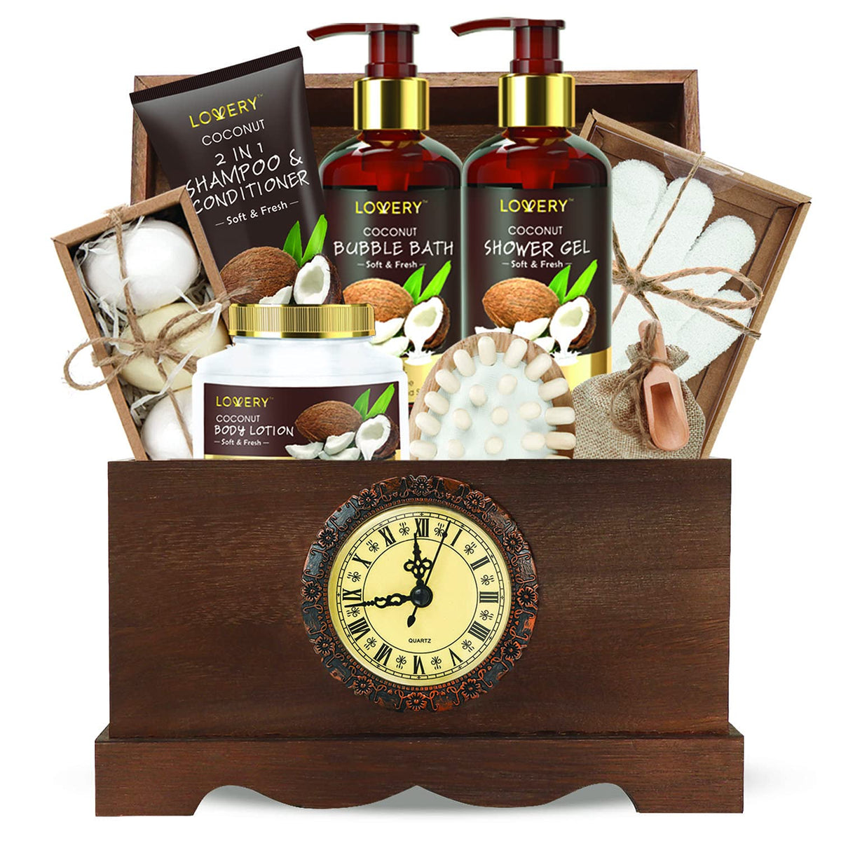 Lovery Men'S Valentine'S Gift Set - 13Pc Coconut Spa Kit In Vintage Wooden Clock Box