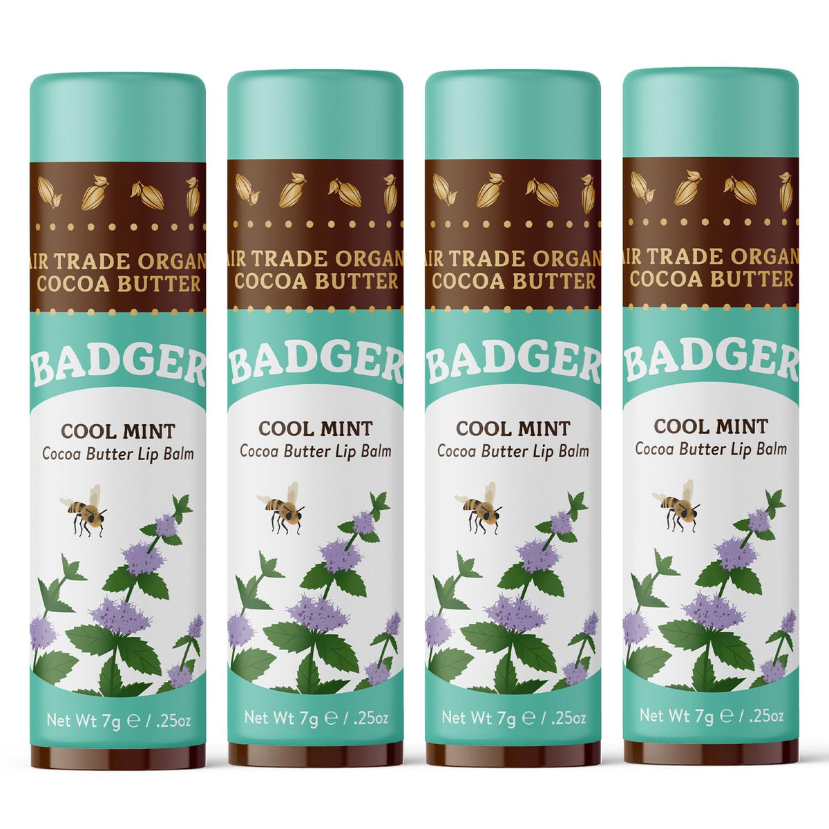 Badger Cocoa Butter Lip Balm Set, Fair Trade Organic, 4 Flavored Balms, 0.25 Oz Each