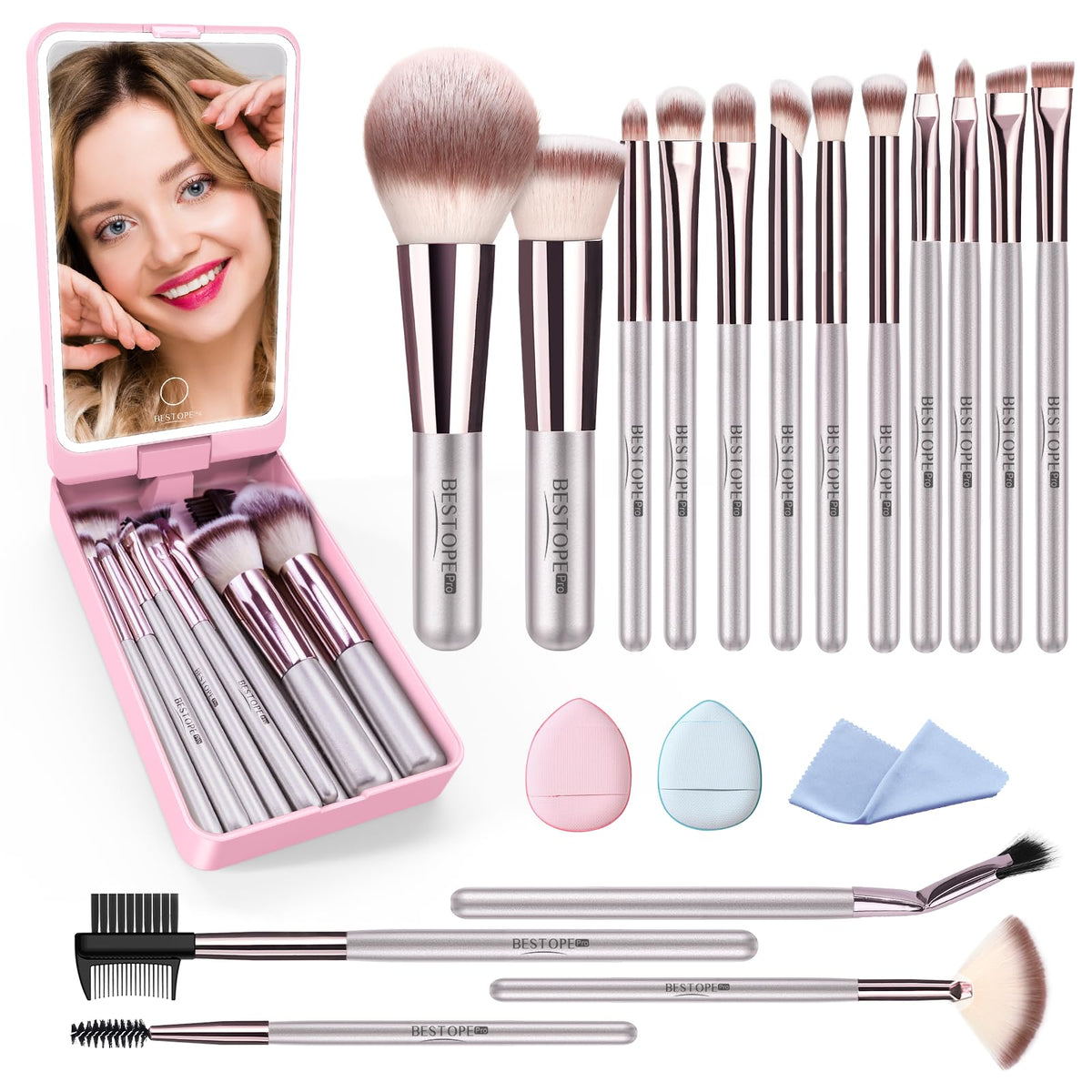 Bestope Pro 20Pcs Makeup Brush Set With Case, Led Mirror, Powder Puff - Champagne