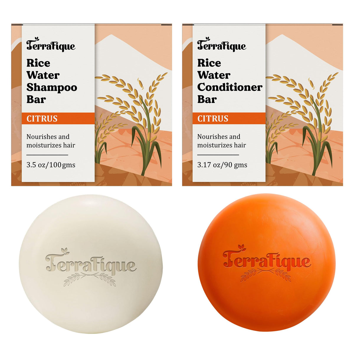 Terrafique Rice Water Shampoo & Conditioner Bar Set - 3.5 Oz Shampoo, 3.17 Oz Conditioner