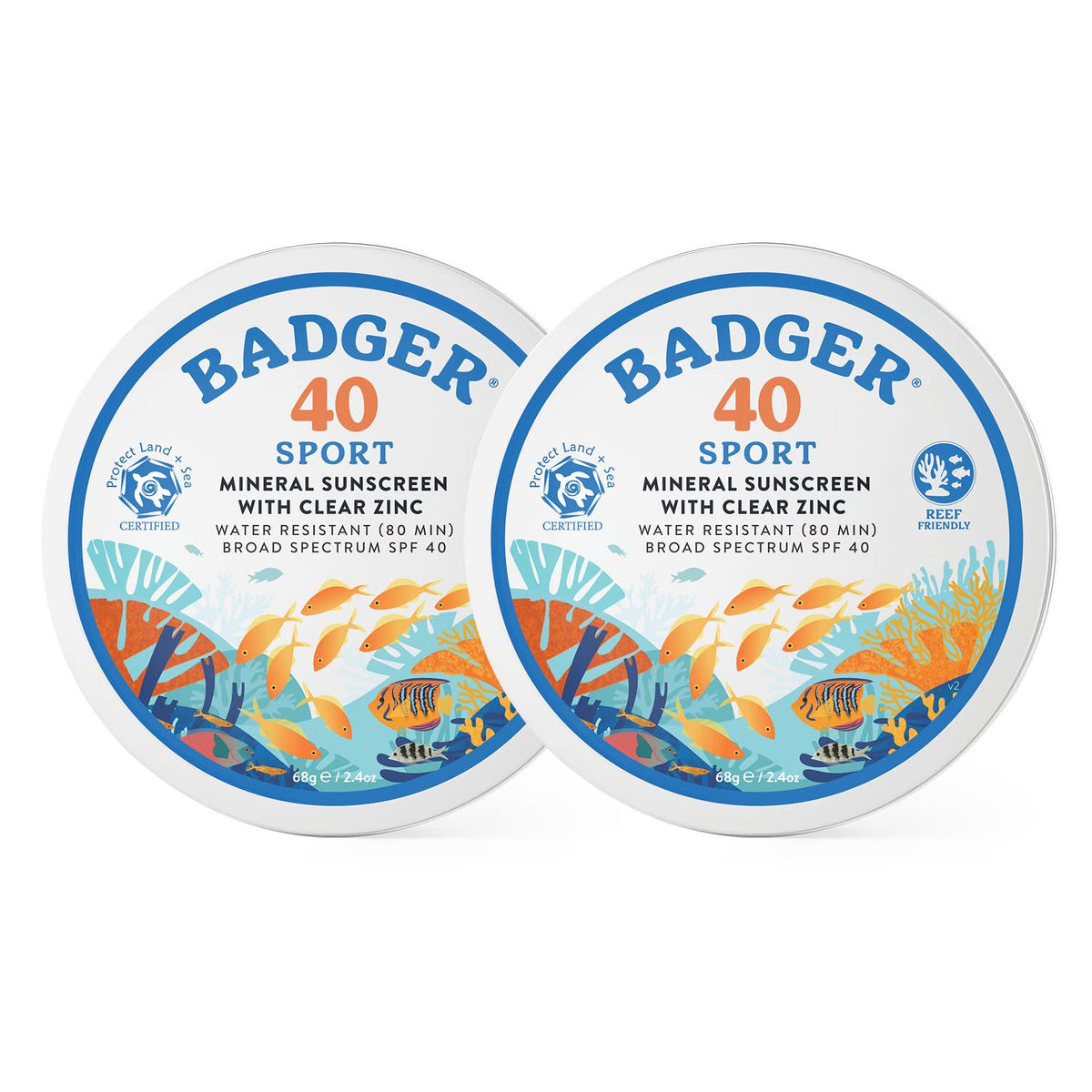 Badger Spf 40 Coral Reef Safe Sunscreen Tin, Water Resistant, 2.4 Oz (2 Pack), Unscented