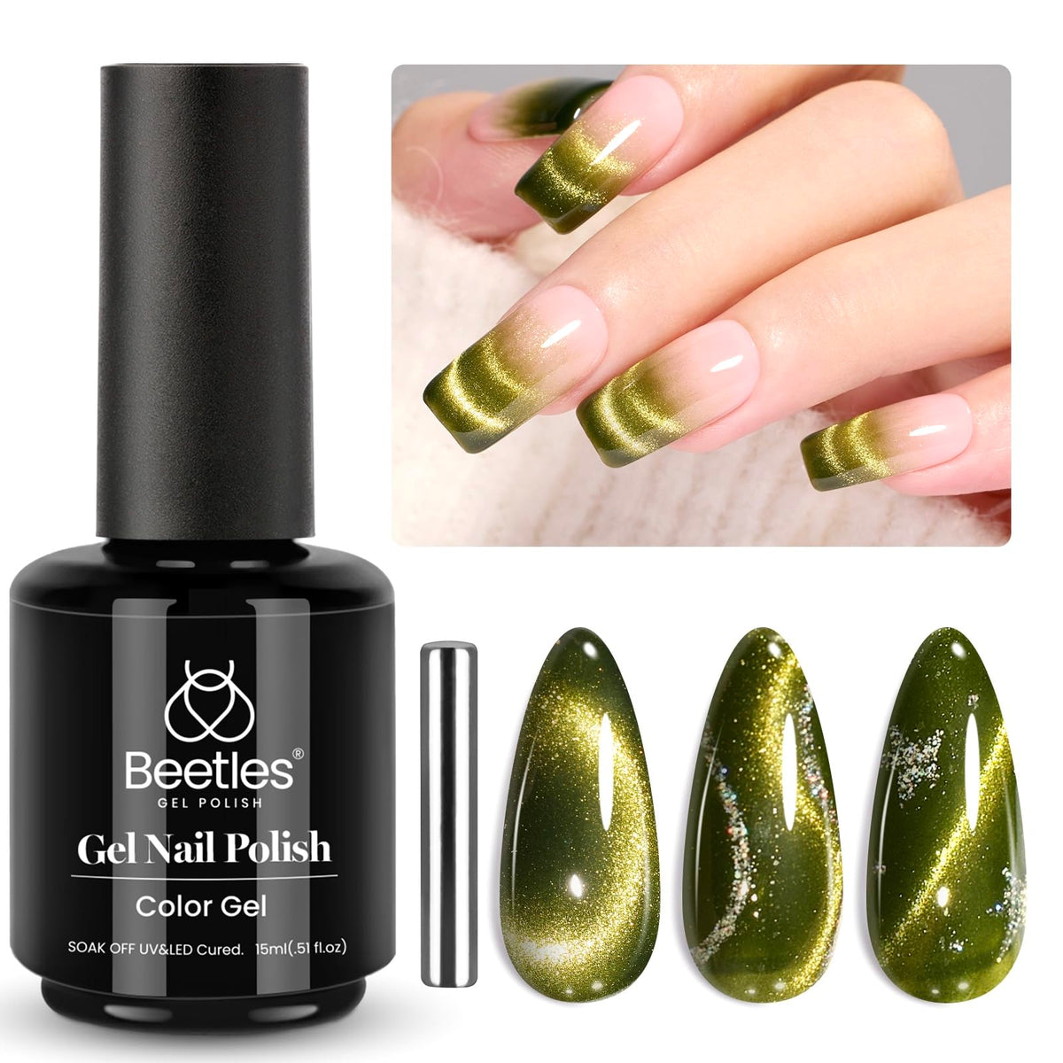 Beetles Green Cat Eye Gel Nail Polish, 15Ml Holographic Glitter Olive Green Uv Nail Art