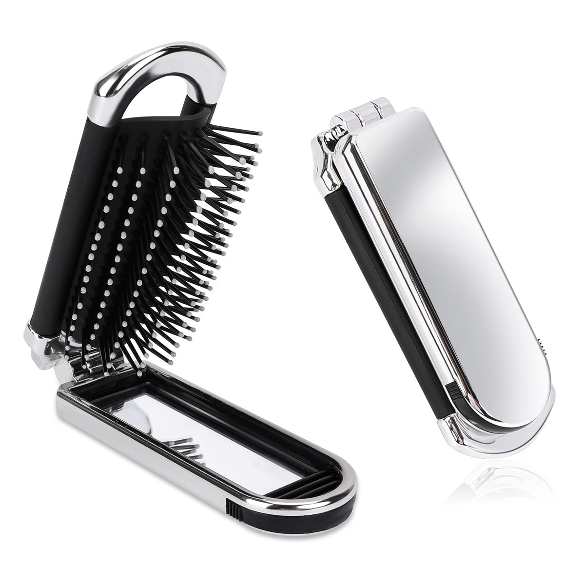 Mozeat Lens Compact Hair Brush With Mirror - Travel Mini Massage Comb For Gym & Purse, Silver