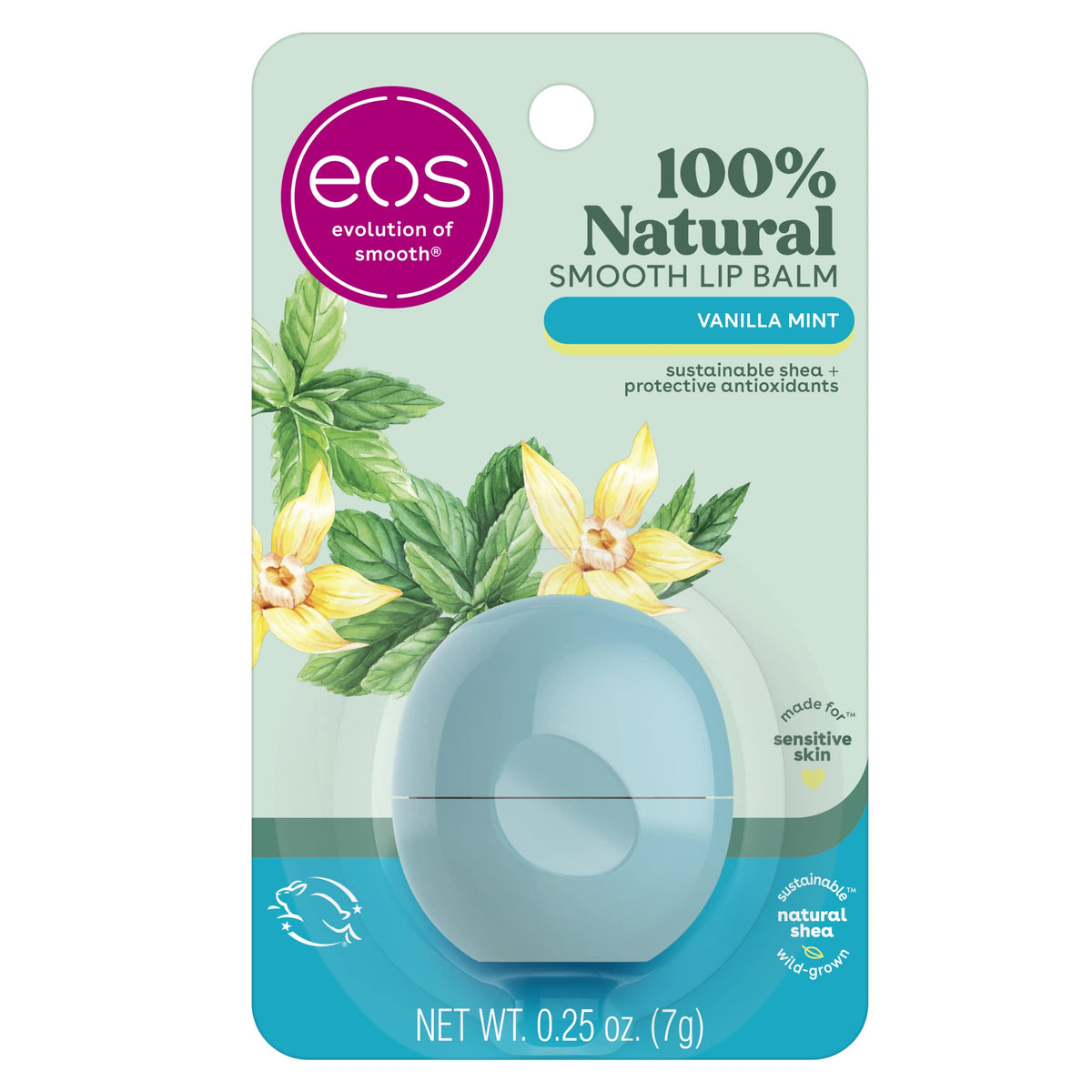 Eos 100% Natural Lip Balm - Vanilla Mint, Moisturizing For Sensitive Skin, 0.25 Oz