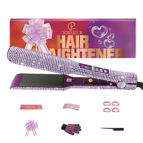 DORISILK 2 in 1 Rhinestone Flat Iron & Curler, 480°F Titanium Hair Straightener, Violet Glitter