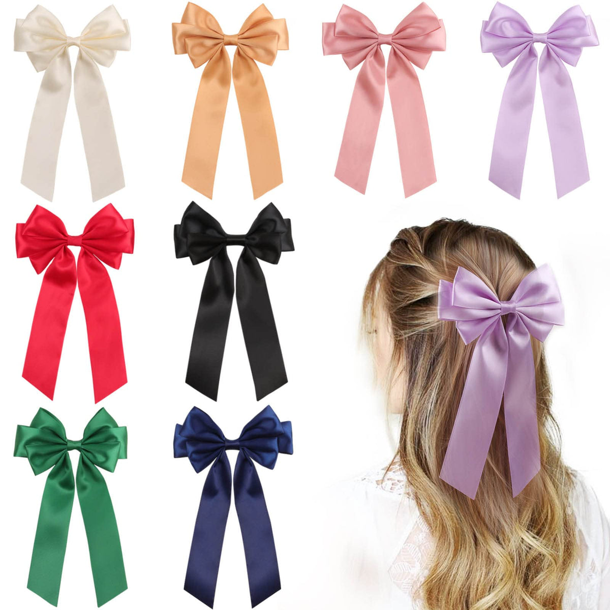 Vobobe 8Pcs Satin Layered Hair Bows For Women Girls - 8 Inch Black Ribbon Clips Hair Accessories