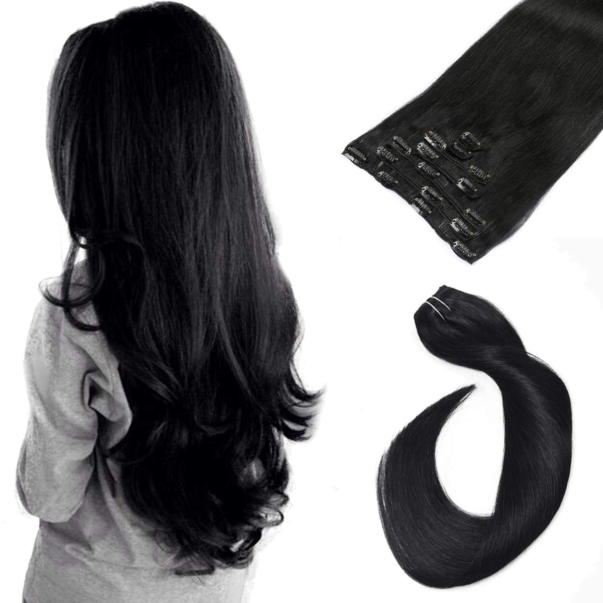 Ubetta Clip in Hair Extensions 16 Inch, 70G Jet Black Remy Human Hair, 7 Pieces Double Wefts