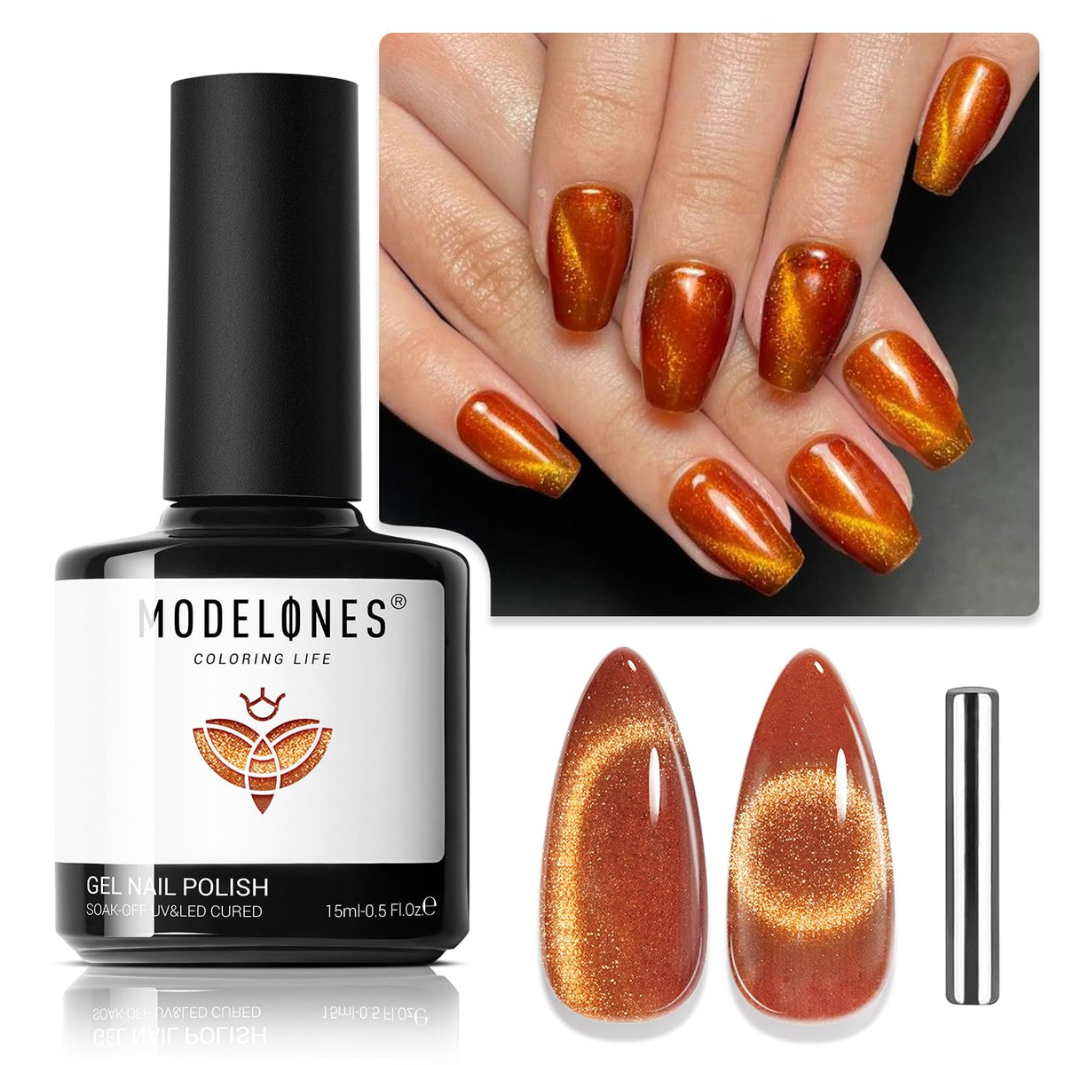 Modelones Fall Cat Eye Gel Polish 15Ml Holographic 9D Glitter Orange Soak Off Nail Art