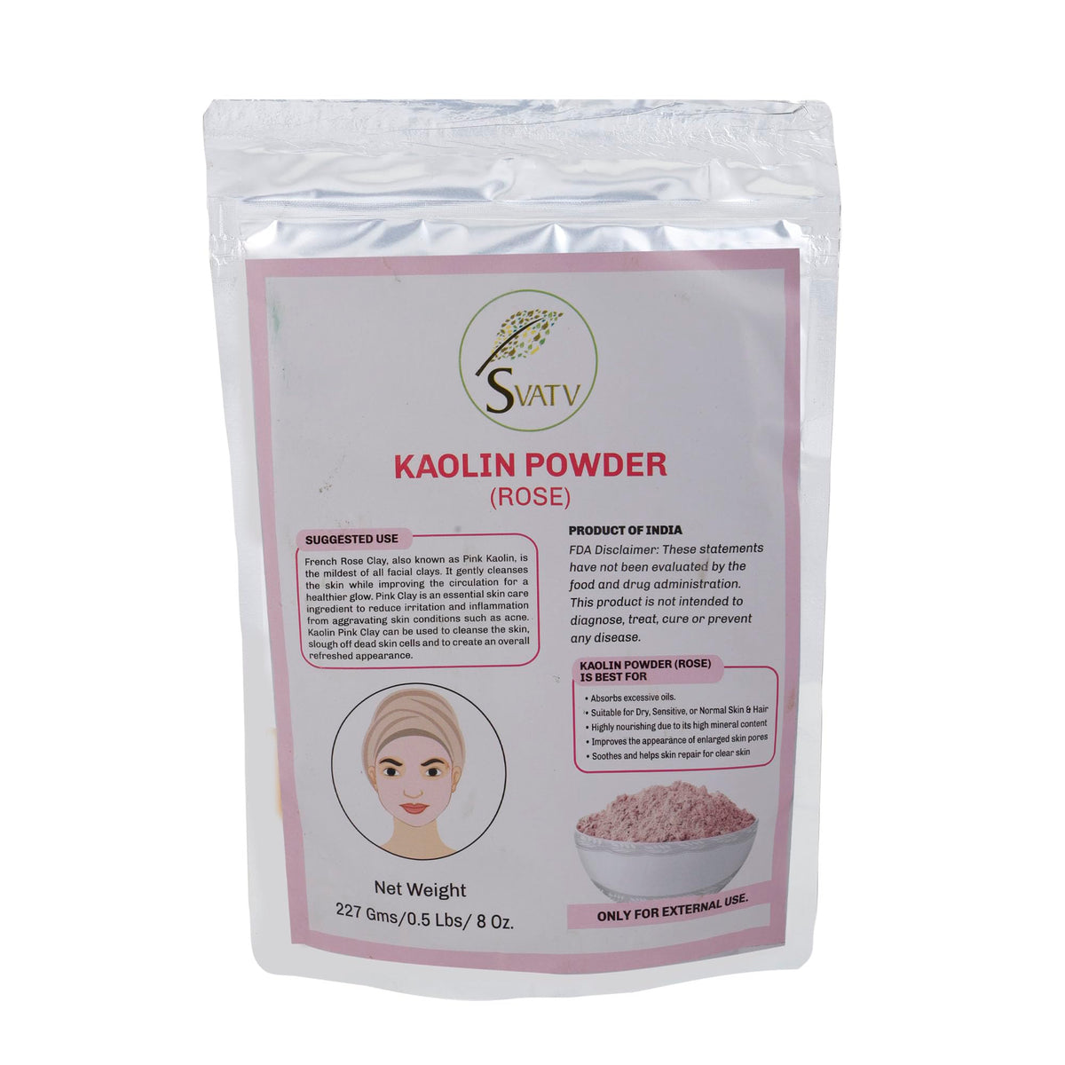 Svatv Rose Kaolin Clay Powder For Face Mask, Hair & Soap Making - 8Oz Herbal Spa Essential