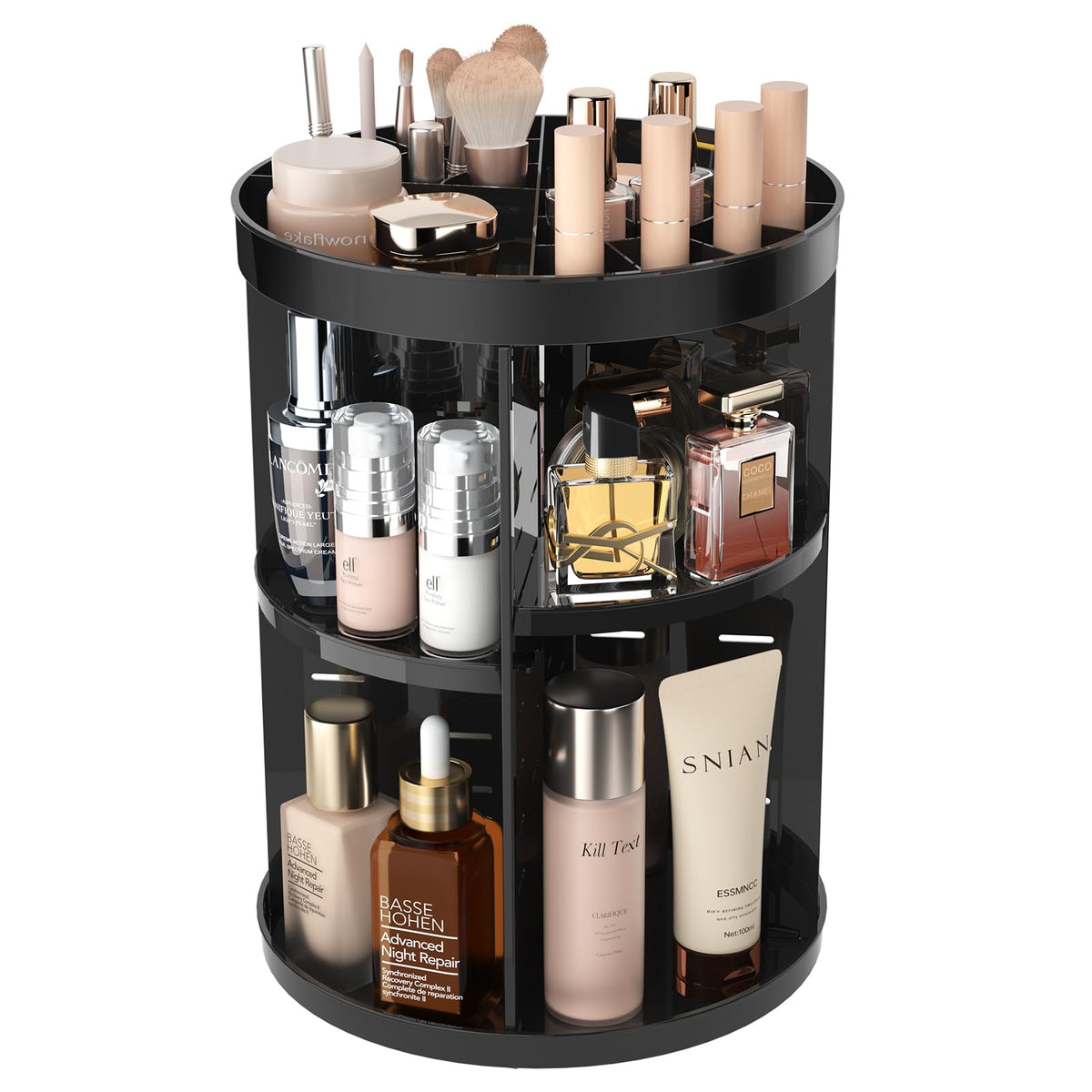 Lulltou 360 Rotating Makeup Organizer - Adjustable Spinning Skincare Storage For Vanity, Black