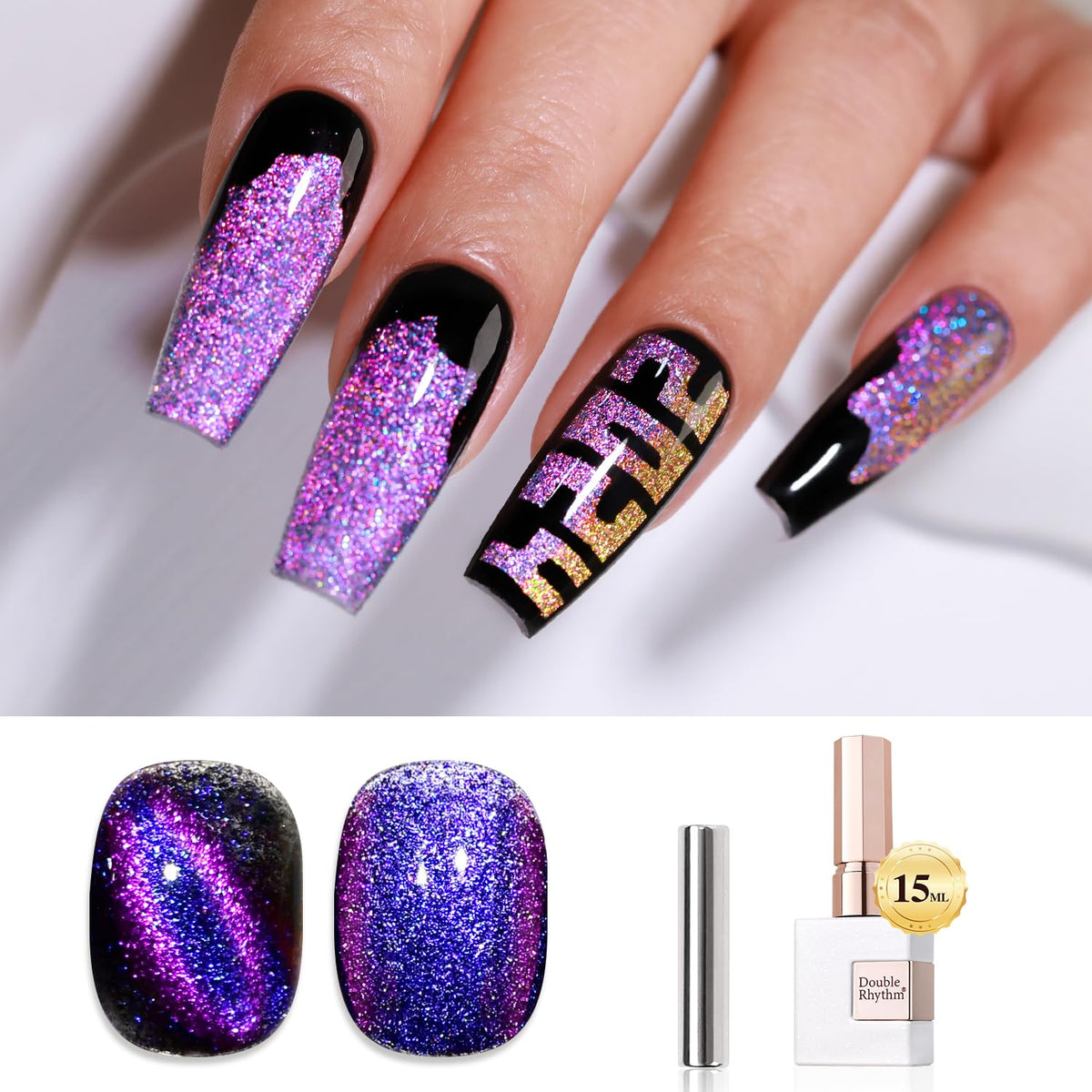 Double Rhythm Holographic Magnetic Nail Polish - Purple Blue, 15Ml Cat Eye Gel For Diy Nails