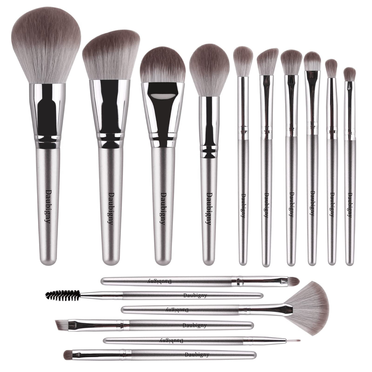 Daubigny 16Pcs Silver Makeup Brush Set - Premium Synthetic Foundation, Powder & Eye Brushes