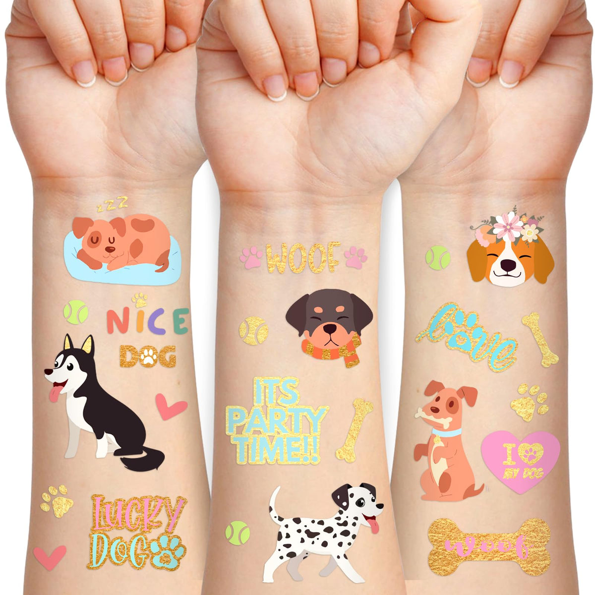 Atydkug Dog Temporary Tattoos For Kids - 4 Waterproof Sheets, Cute Animal Party Favors