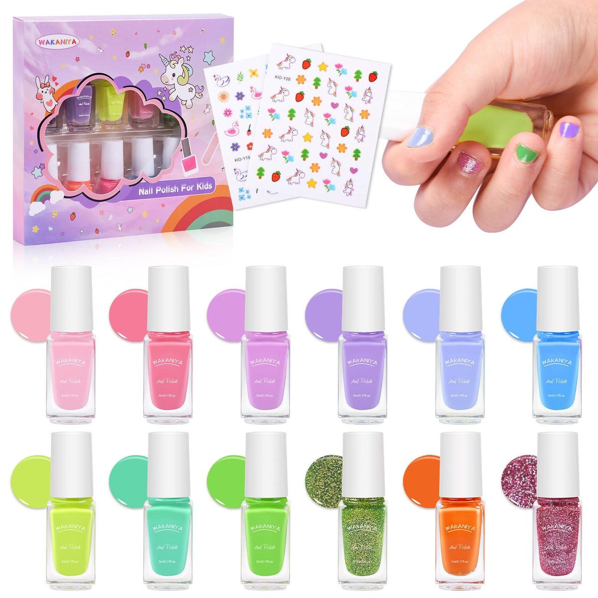 Wakaniya Kids Nail Polish Set - 12 Non-Toxic Candy Colors, Peel-Off, Quick Dry, Ages 3+