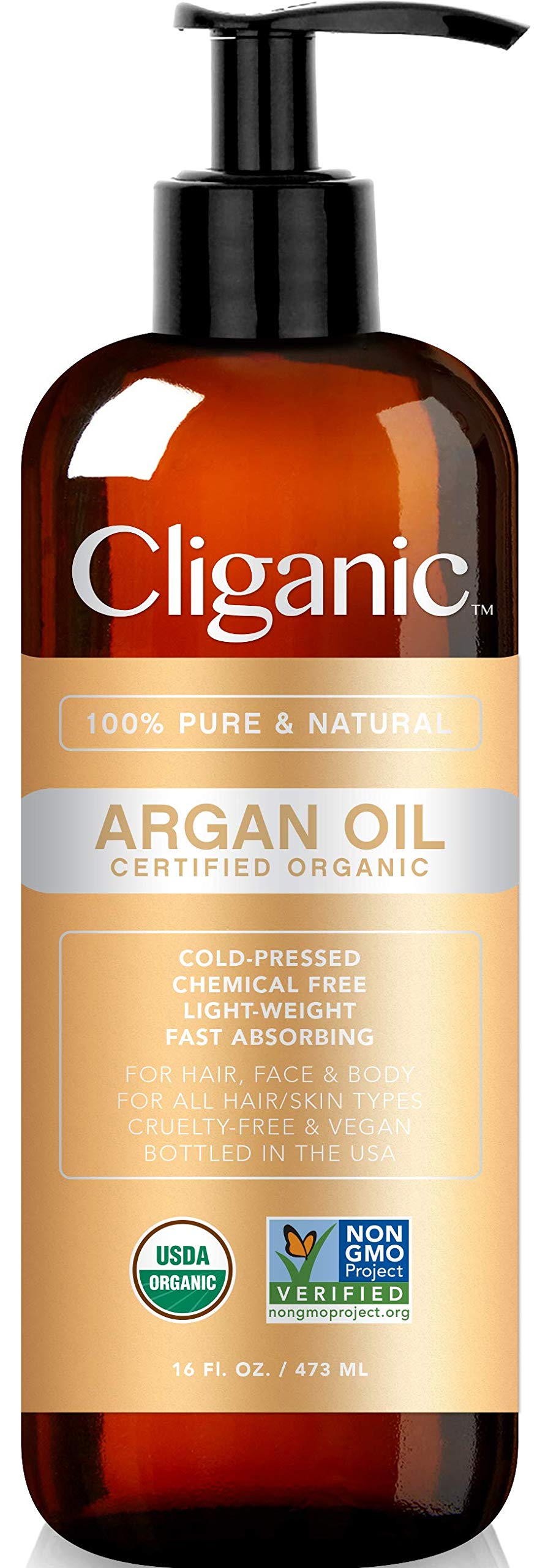 Cliganic Organic Argan Oil 16Oz Pump - 100% Pure For Hair, Face & Skin Care