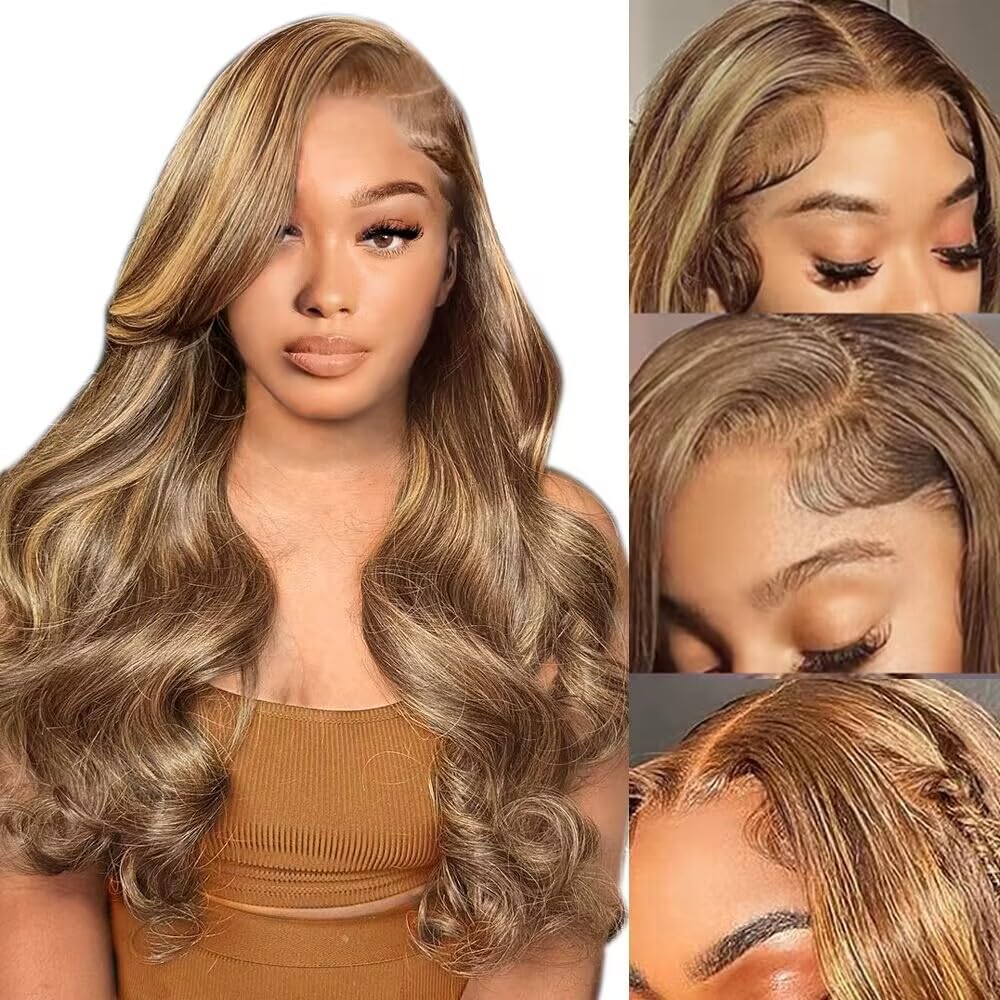 Azkiu 30&quot; Ombre Lace Front Wig - Human Hair 13X4 Hd Honey Blonde Body Wave, Pre Plucked