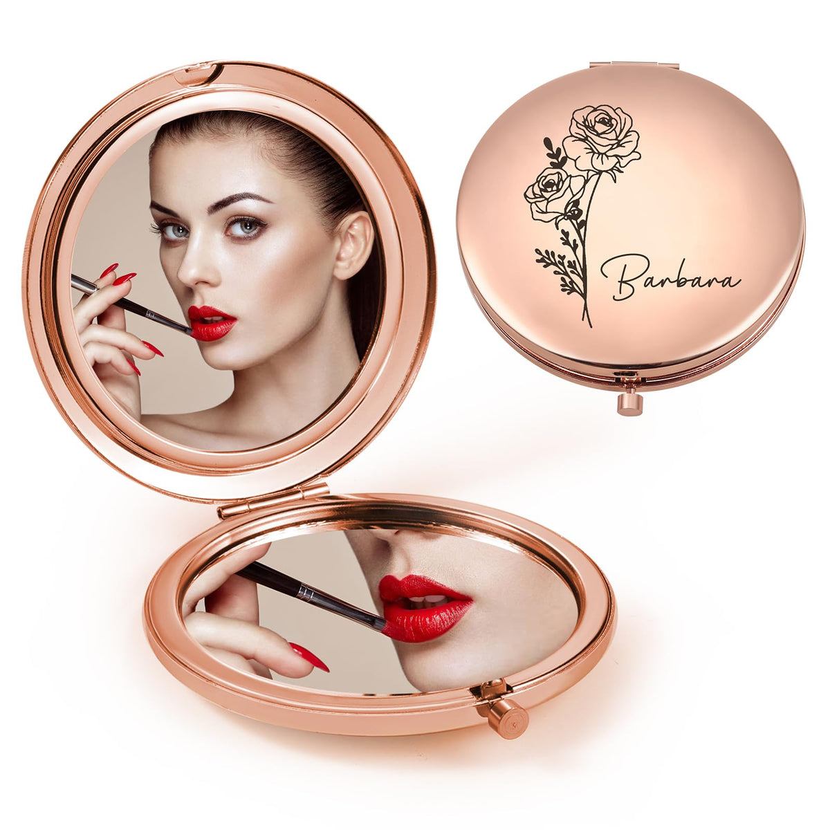 Ahgmeside Personalized Rose Gold Compact Mirror - Custom Birthflower Travel Makeup Gift For Women