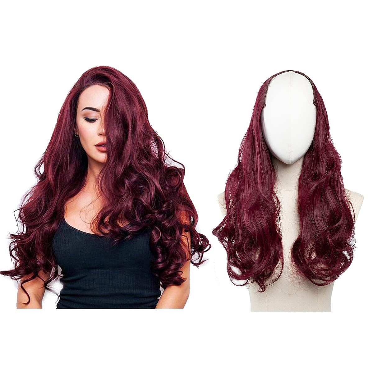 Sarla 24 Inch Burgundy U Part Clip-In Wavy Synthetic Hair Extensions For Women