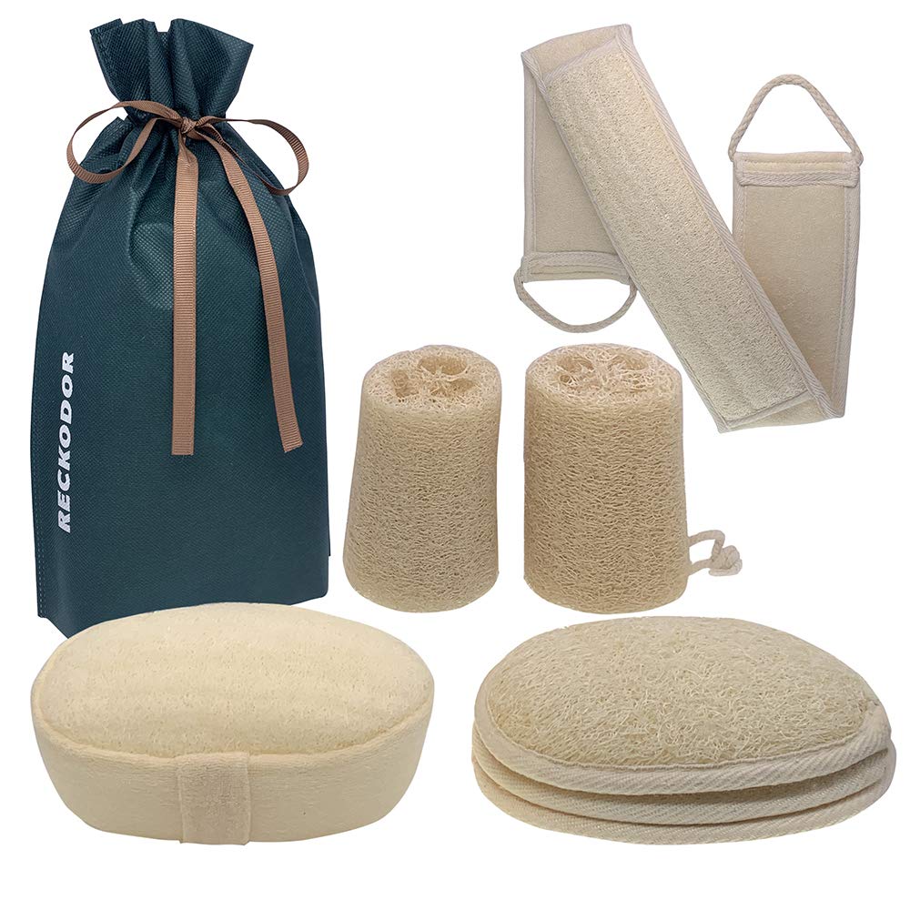 Reckodor 7 In 1 Shower Loofah Set, Exfoliating Body Scrubber For Sensitive Skin, Natural Luff