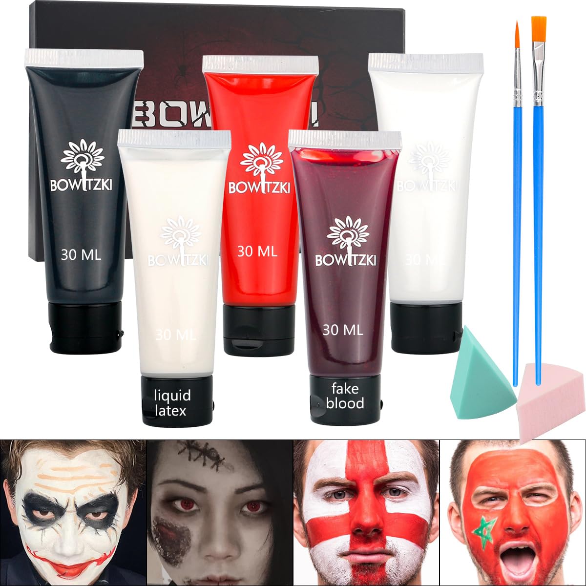 Bowitzki Halloween Makeup Kit - 9 Piece Sfx Face Paint, Liquid Latex, Fake Blood, Zombie, Vampire