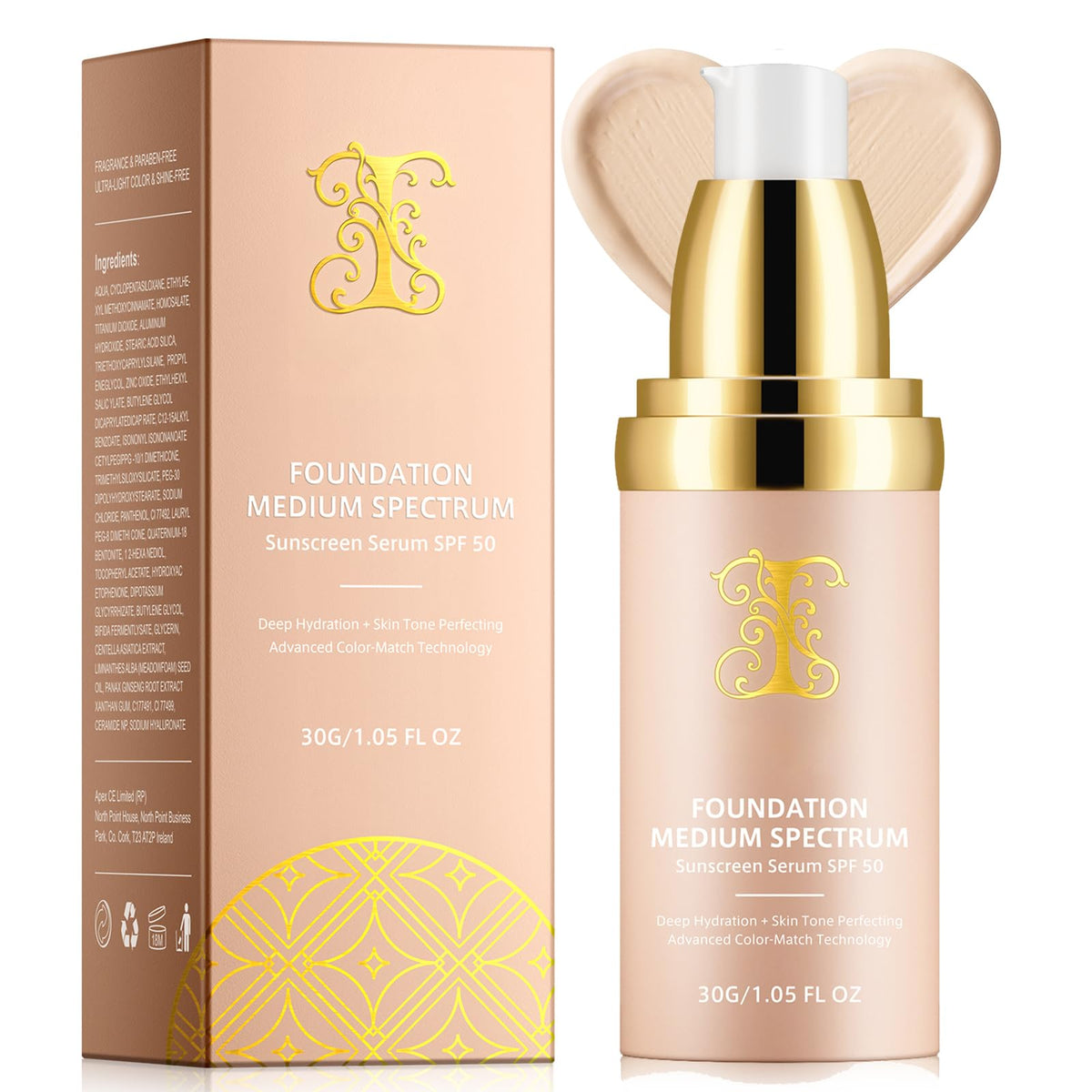 Hualijia 4-In-1 Hydrating Foundation Spf 50+ - Medium, Longwearing, Waterproof, 30Ml