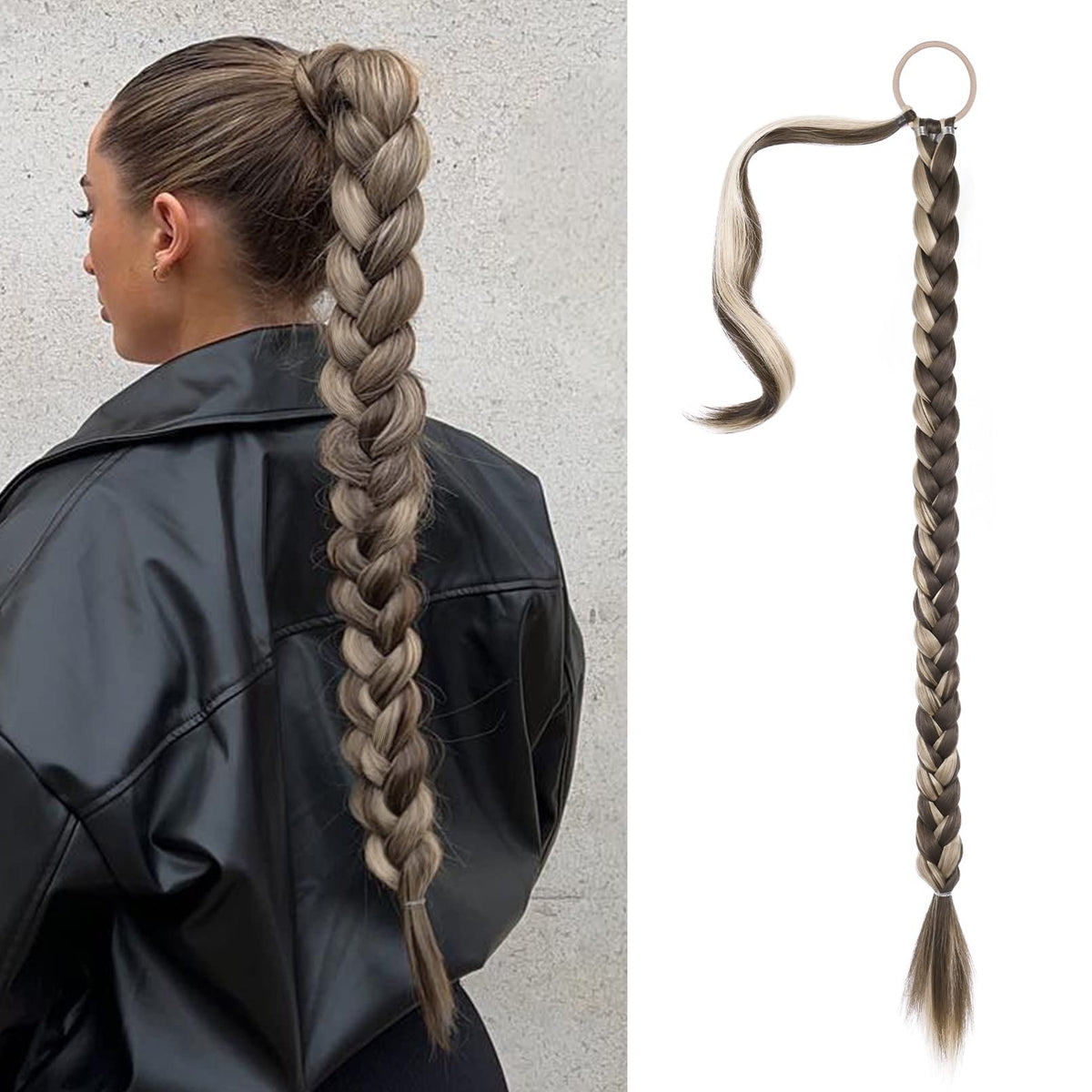 Seikea 30 Inch Braided Ponytail Extension, Ash Brown & Sandy Blonde Synthetic Hairpiece